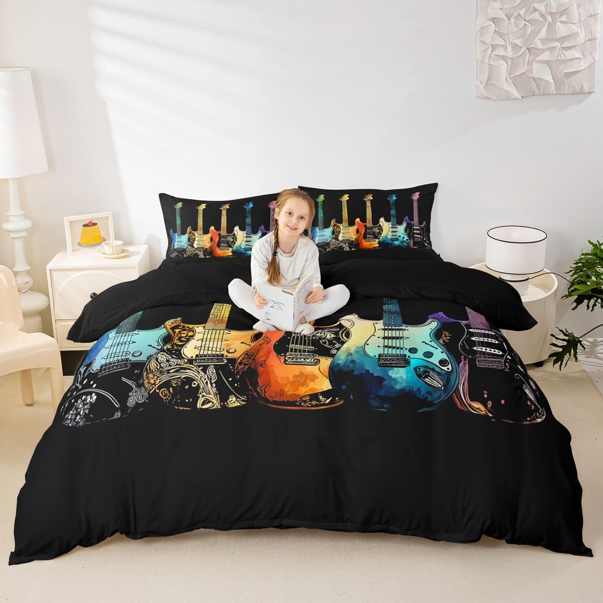 Set di biancheria da letto super king size con stampa di chitarra, set copripiumino colorato a tema musica rock, per appassionati di musica, per bambini e ragazzi, stile hip hop, a righe, con 2 federe
