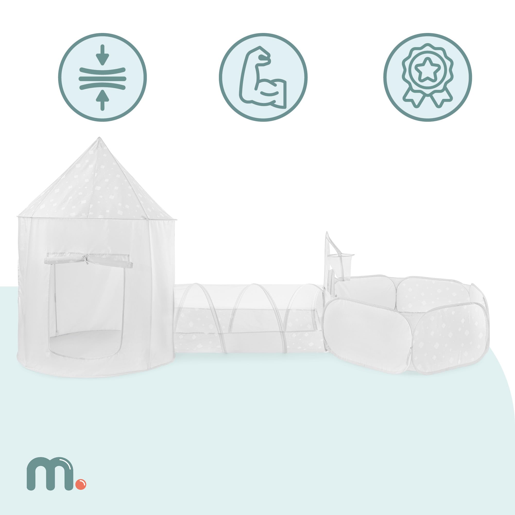 Mamabrum Spielset 3-in-1 Zelt Schloss mit Tunnel und Ballbecken, Faltbarer Spielplatz für Haus und Garten, Grau mit Weiß, Polyester, Metall, 50 x 60 x 100 cm
