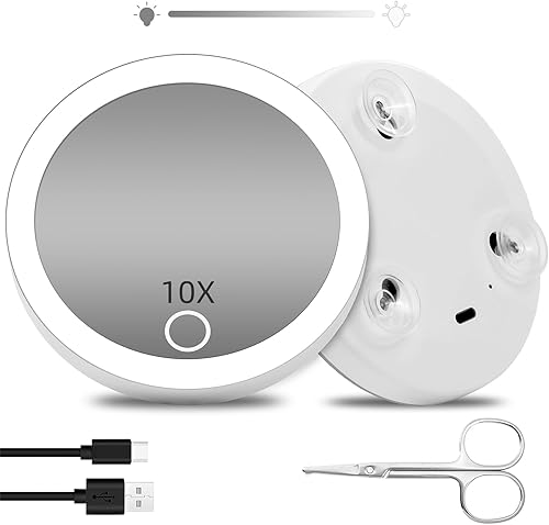Espejo de aumento de viaje con luz 10X, espejo de aumento iluminado con 3 ventosas y tijeras, espejo de maquillaje de atenuación recargable de 4