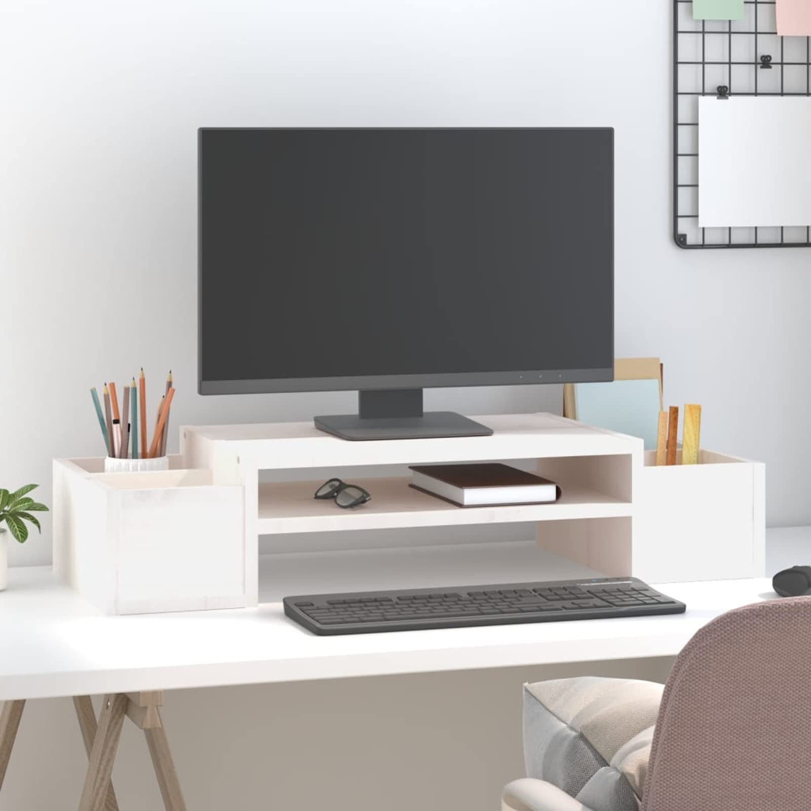 ShGaxin Stojak na monitor, stojak na ekran komputera, stojak na monitor biurko, akcesoria biurowe, akcesoria biurkowe, podstawa monitora, lite drewno sosnowe białe 70 x 27,5 x 15 cm