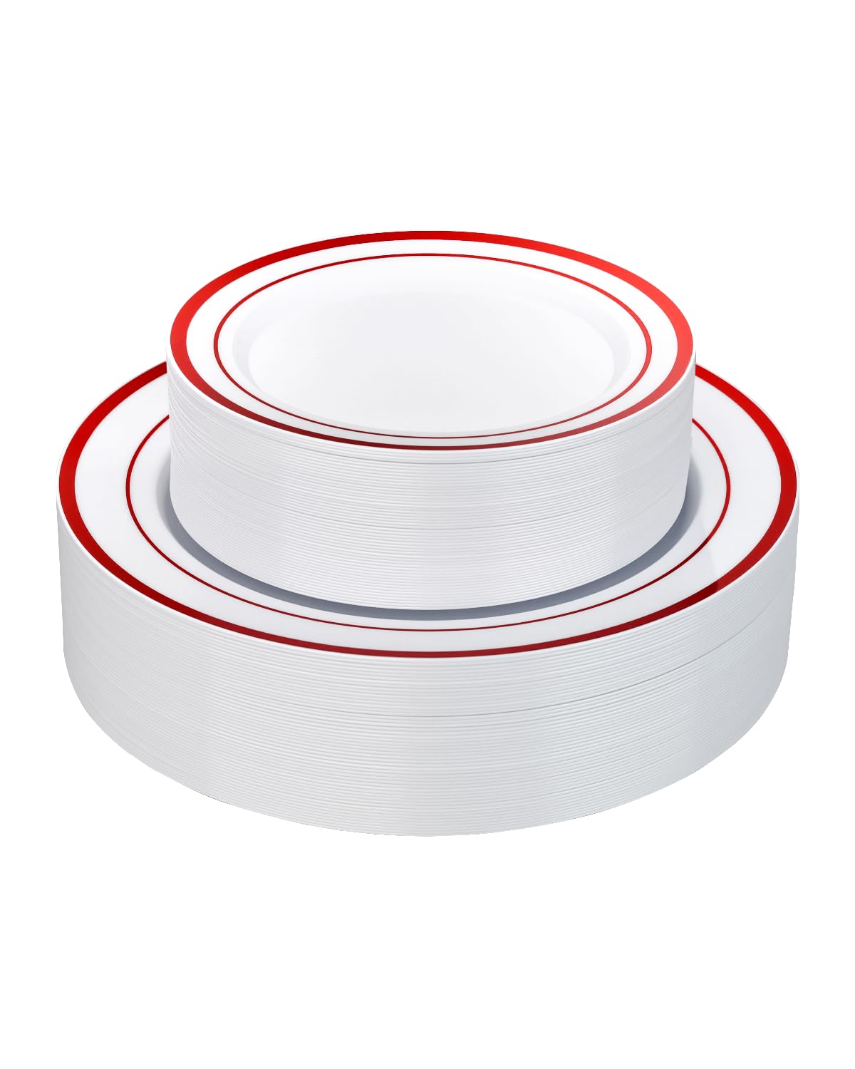 Goodluck 120 Pack Red Rim Plastic Plates - 60 Dinner Plates (10.25") &amp; 60 Dessert Plates (7.5") - Heavy Duty Disposable White Plates with Elegant Red Trim - Premium Dinnerware Set for Wedding