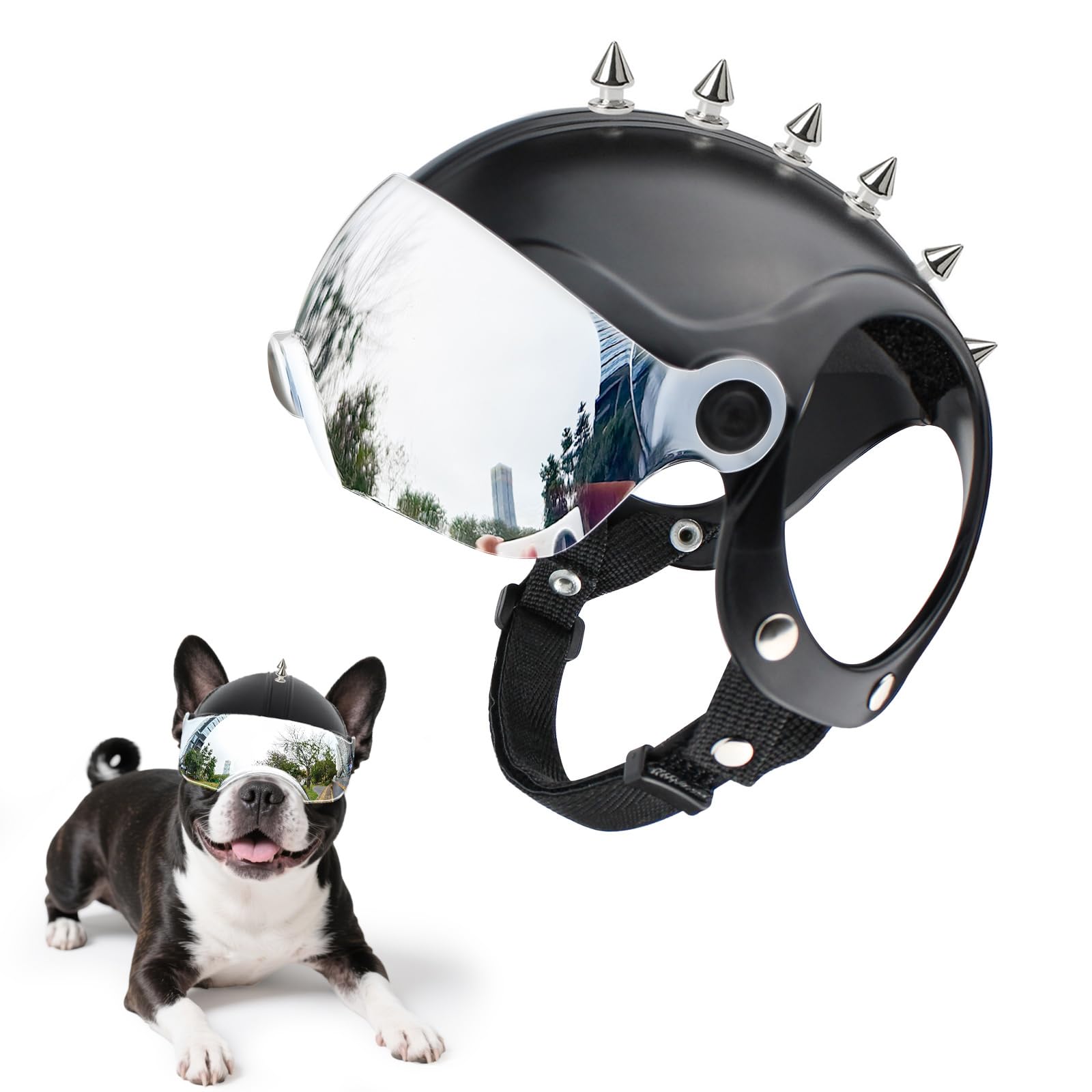 PETLESO Dog Helmet with Goggles Durable Pet Motorcycle Helmet with Cool Rivet UV Protection Drop-down Visor for Small Dogs - Silver Lense