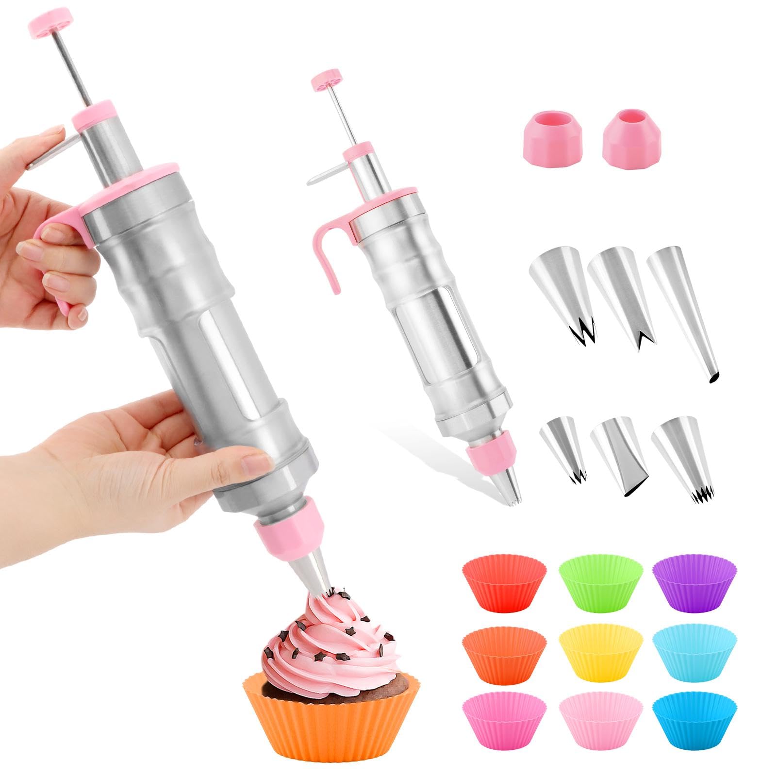 18Pcs Dessert Decorating Syringe Set, Stainless Steels Icing Piping Kit Cake Decorating Tools with 6 Piping Tips & 9 silicone Cupcakes, Cupcake Decorating Kit(COLOR:Pink)