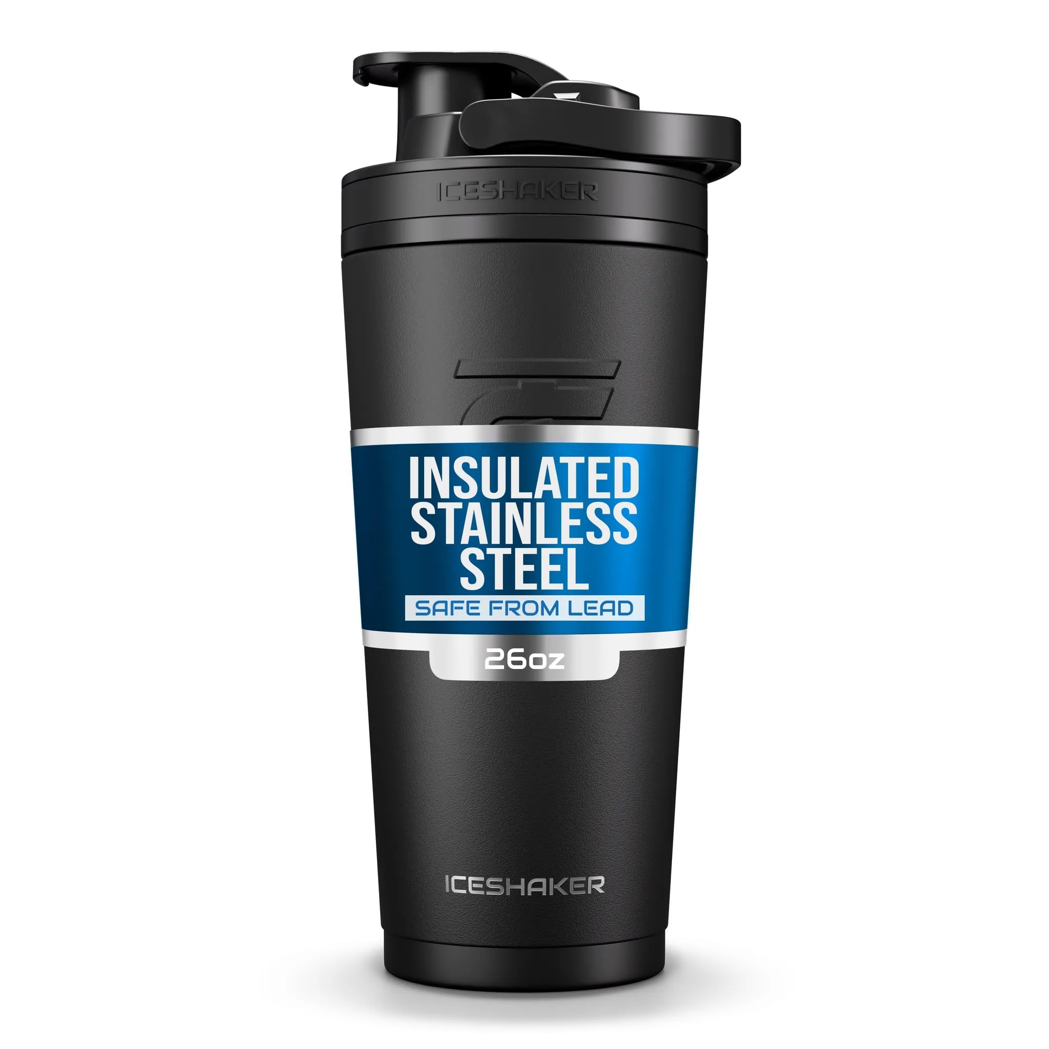 Ice Shaker 26 Oz, Stainless Steel Protein Shaker, As Seen on Shark Tank, Reusable, Gym Water Bottle, Black