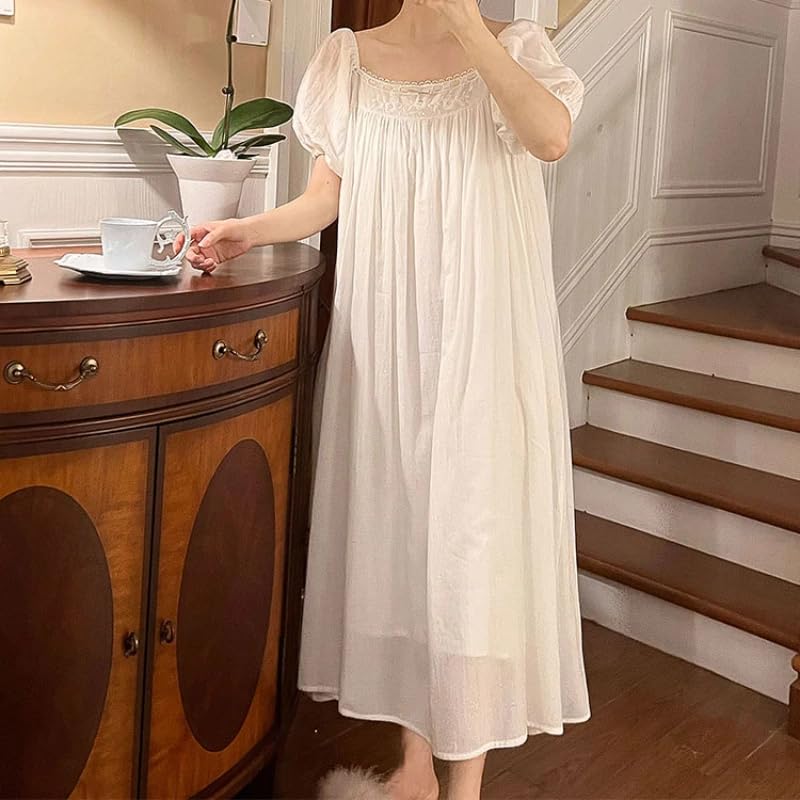 OFFSUM Camisón De Pijama De Mujer - Ropa De Dormir De Algodón Bordado A La Moda Albornoz De Princesa Informal De Talla Grande con Cuello Cuadrado Y Temperamento De Verano