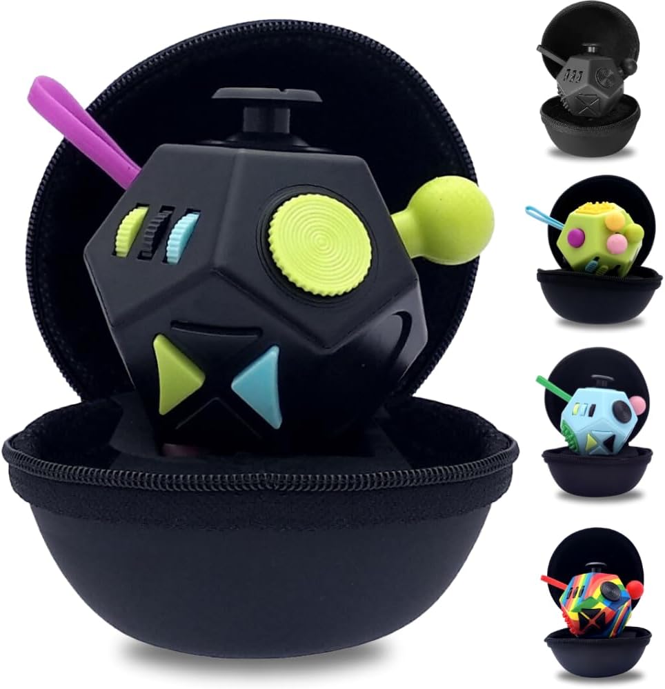 PILPOC theFube Fidget Cube with 12 Sides - Handy Anxiety Toys for Kids and Adults - Fidget Dice for Stress Relief & Focus - Anti Stress Cube for ADHD, ADD, with Carry Case (Black & Mix)