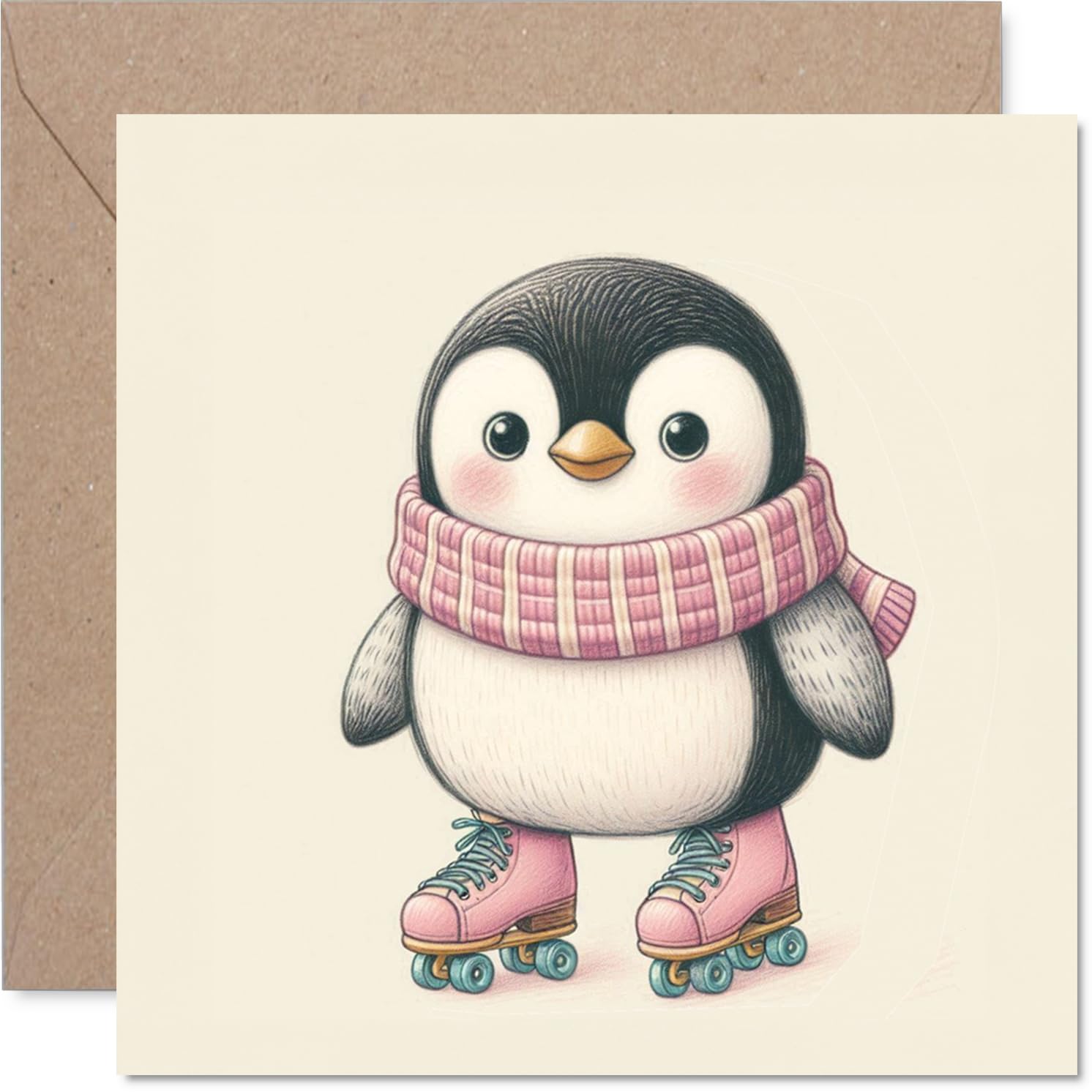 Playful Birthday Card - Waddle into Their Birthday - Quirky Penguin on Roller Skates Brings a Splash of Winter Cheer - 145mm Square, Envelope Included