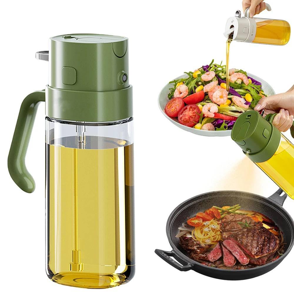 Oil Sprayer For Cooking and Oil Dispenser Bottle - 2 in 1 useful kitchen Dispenser, 550ml kitchen glass Automatic Cap Dispenser with switch Sprayer, for cooking, Grill, baking