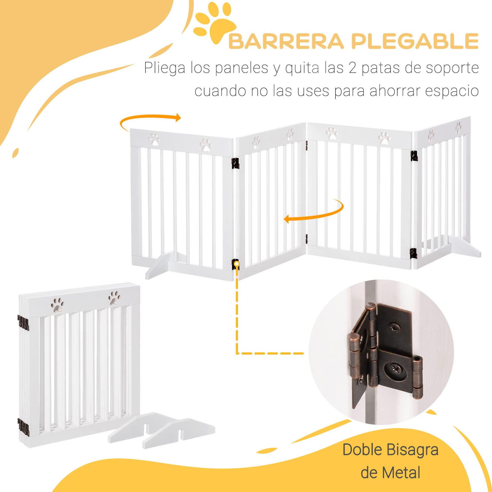 PawHut Barrera para Perros Plegable 4 Paneles Madera 204x61 cm Blanco | Barrera de Seguridad, para Perros Pequeños, Patas de Apoyo, Pasillo, Escalera