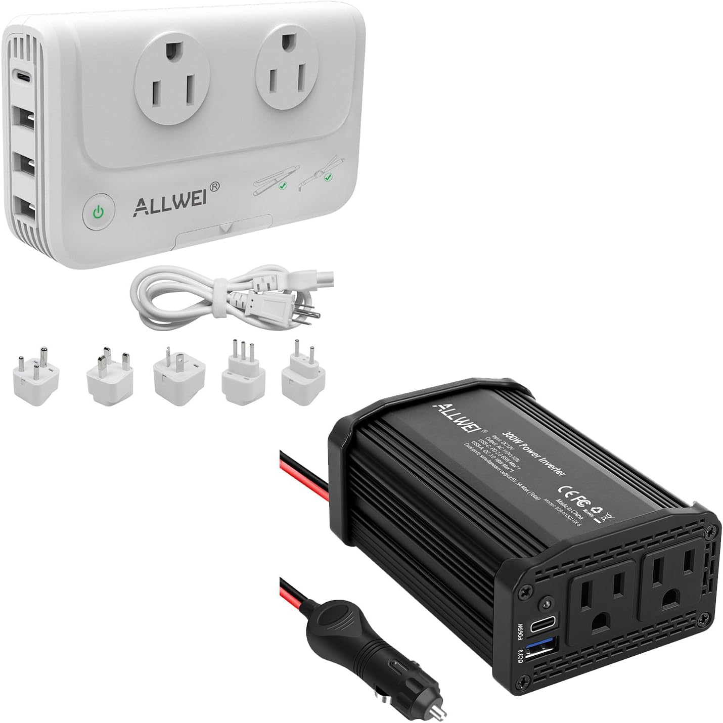 300W car Power Inverter with USB-C PD65W and 230W Power Converter Voltage Travel Adapter 220V to 110V