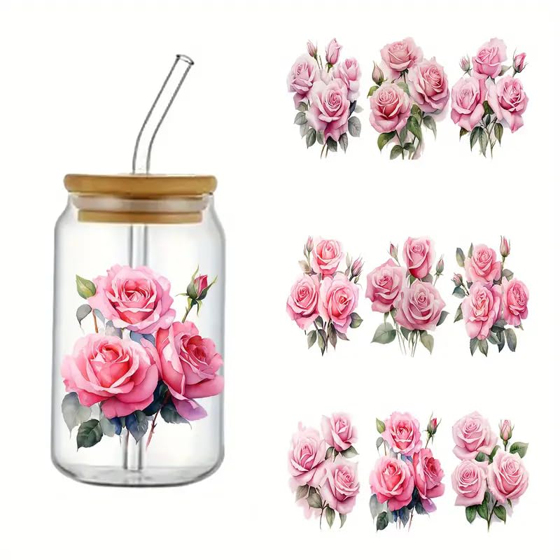 3pcs Pink Watercolor Rose UV DTF Cup Wraps Winter UV DTF Transfer Waterproof Sticker for Glass Cups Furniture Craft DIY Crafts，Rub on Transfer