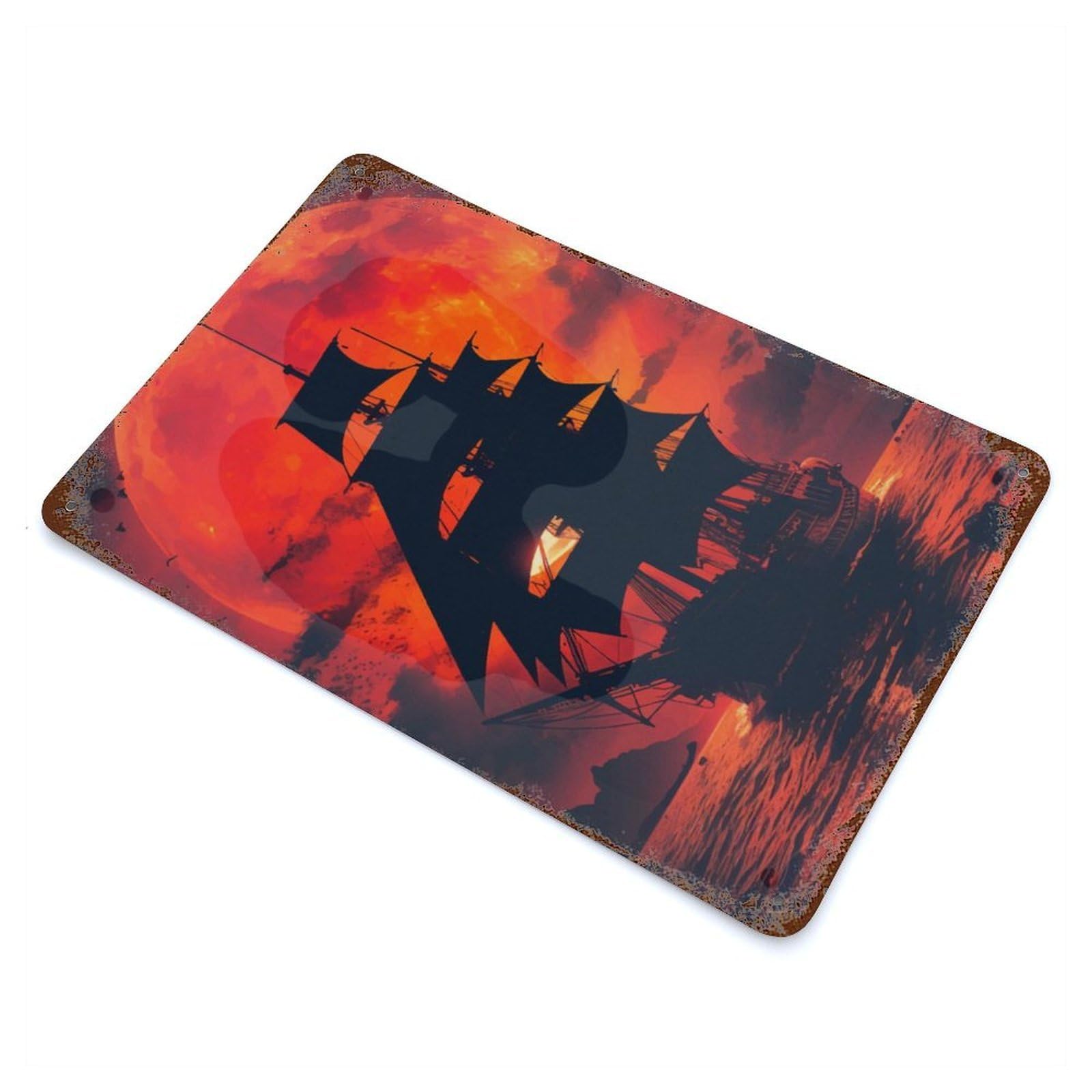 Ship Sunset Landscape Rust Effect Tin Sign 11.8"x7.9", Ideal for Cafe, Home Bar And Lounge Decor