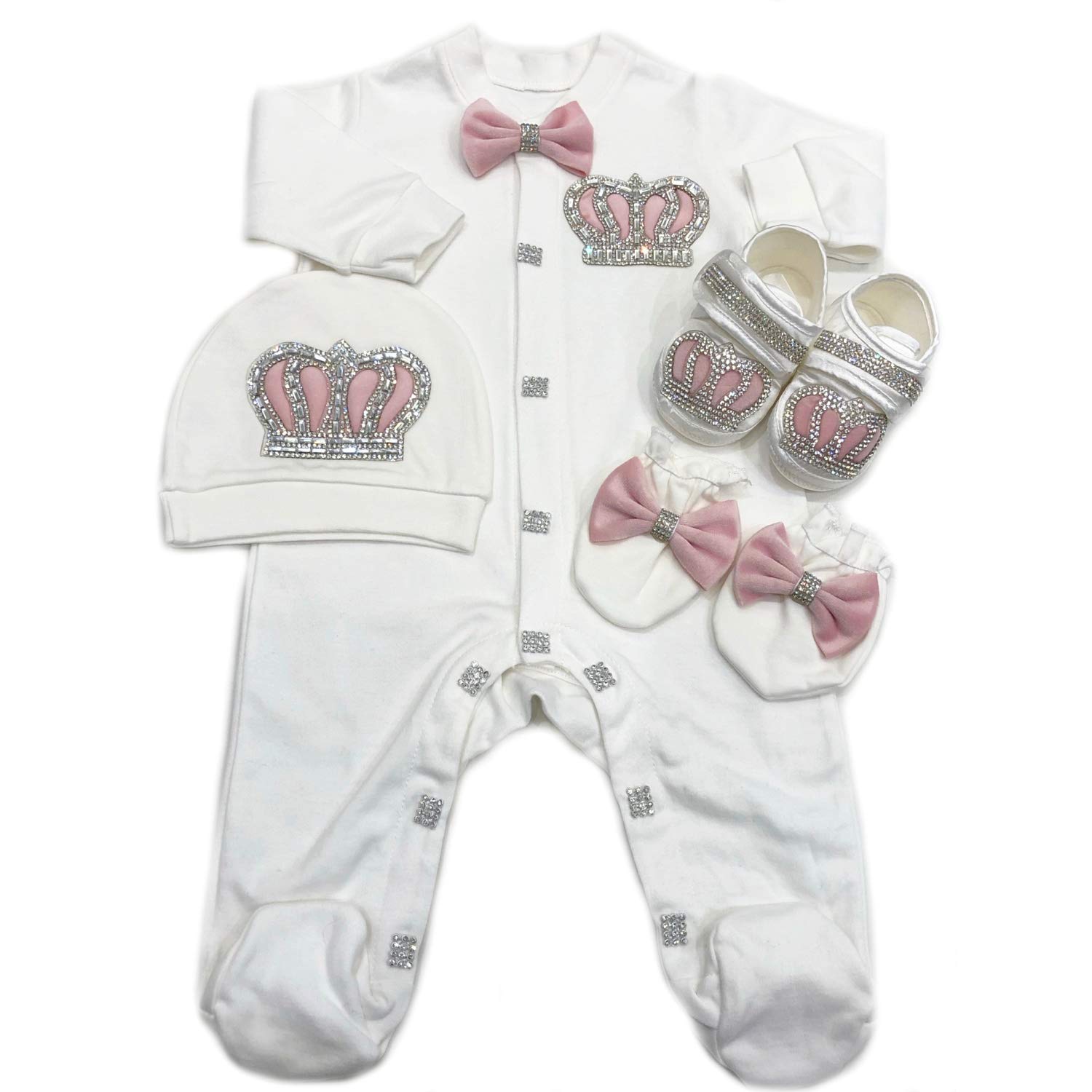 Set 4 Pezzi Tutina Scarpine Guanti Cappello Neonato Bambino Principe Corona Royal Baby Cristallo Strass