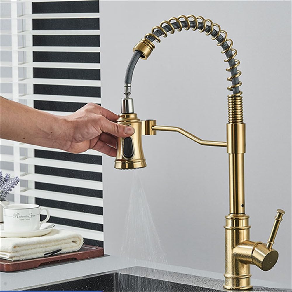 ZYCHSJXA Brushed Nickel Pull Out Kitchen Sink Tap Swivel Hot & Cold Mixer Faucet Deck Mounted Single Hole Stream Crane for Easy Use