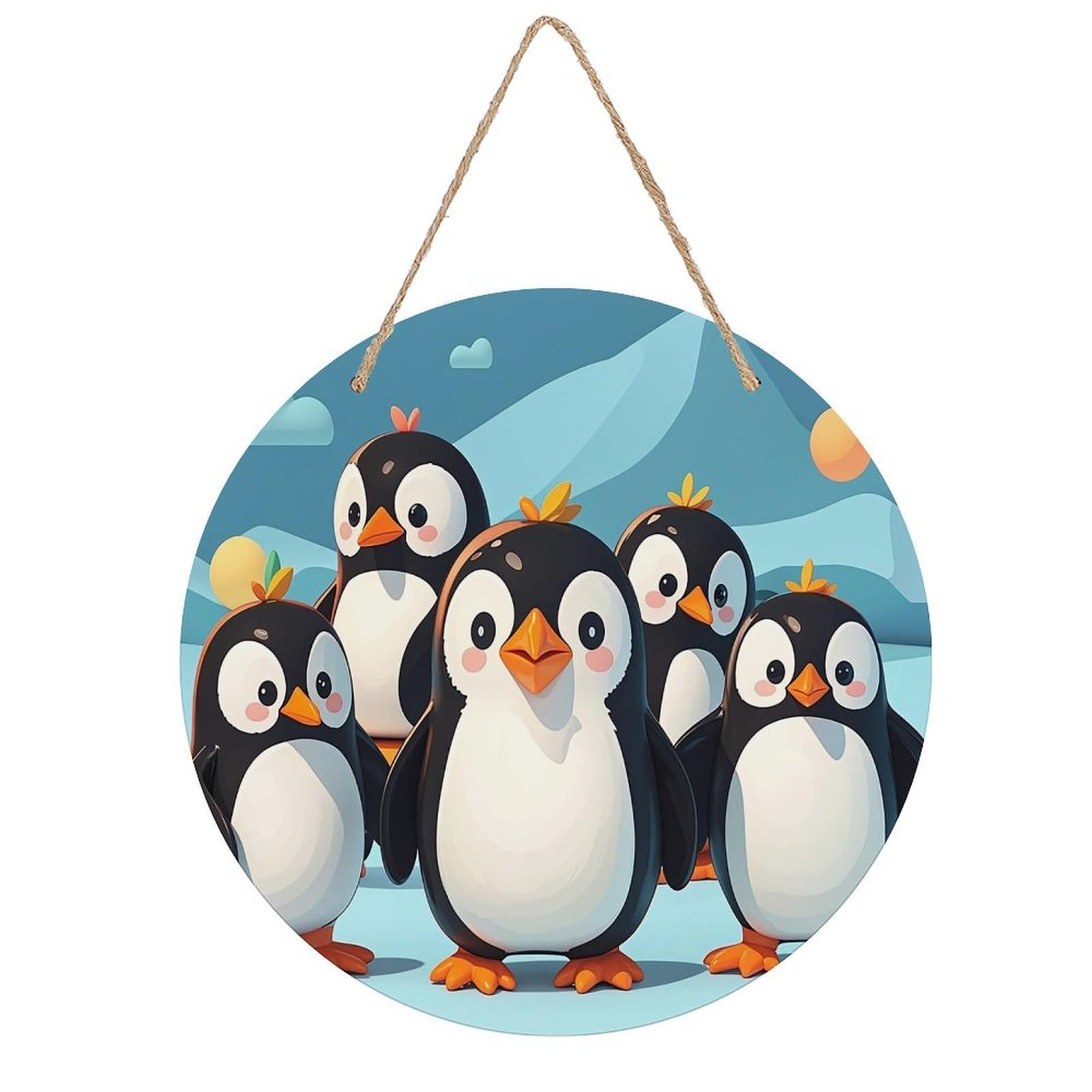FekiLoot Cute Penguins Wall Art Decor Rustic Welcome Sign Round Wood Hanging Sign Decoration Wood Plaque Door Hanger Wooden Signs Wall Hanging Decor Housewarming Gift for Home Outdoor Indoor