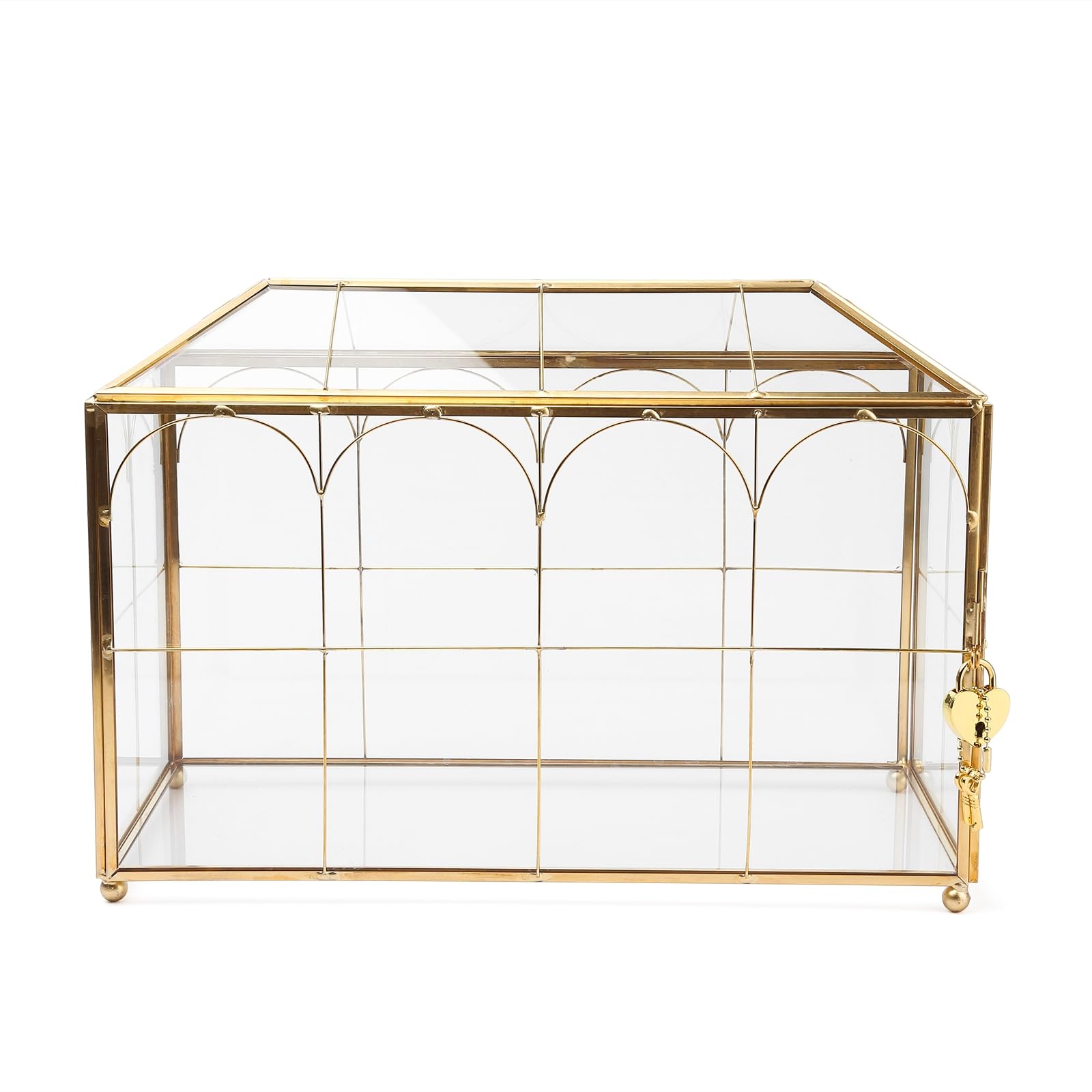 32 cm Glas-Kartenbox Hochzeitskartenbox mit Schloss für Hochzeitsempfang Kosmetik Wohnkultur, handgefertigtes großes geometrisches Terrarium mit Scharnierdeckel, Messingrahmen – (Golden/Haus)