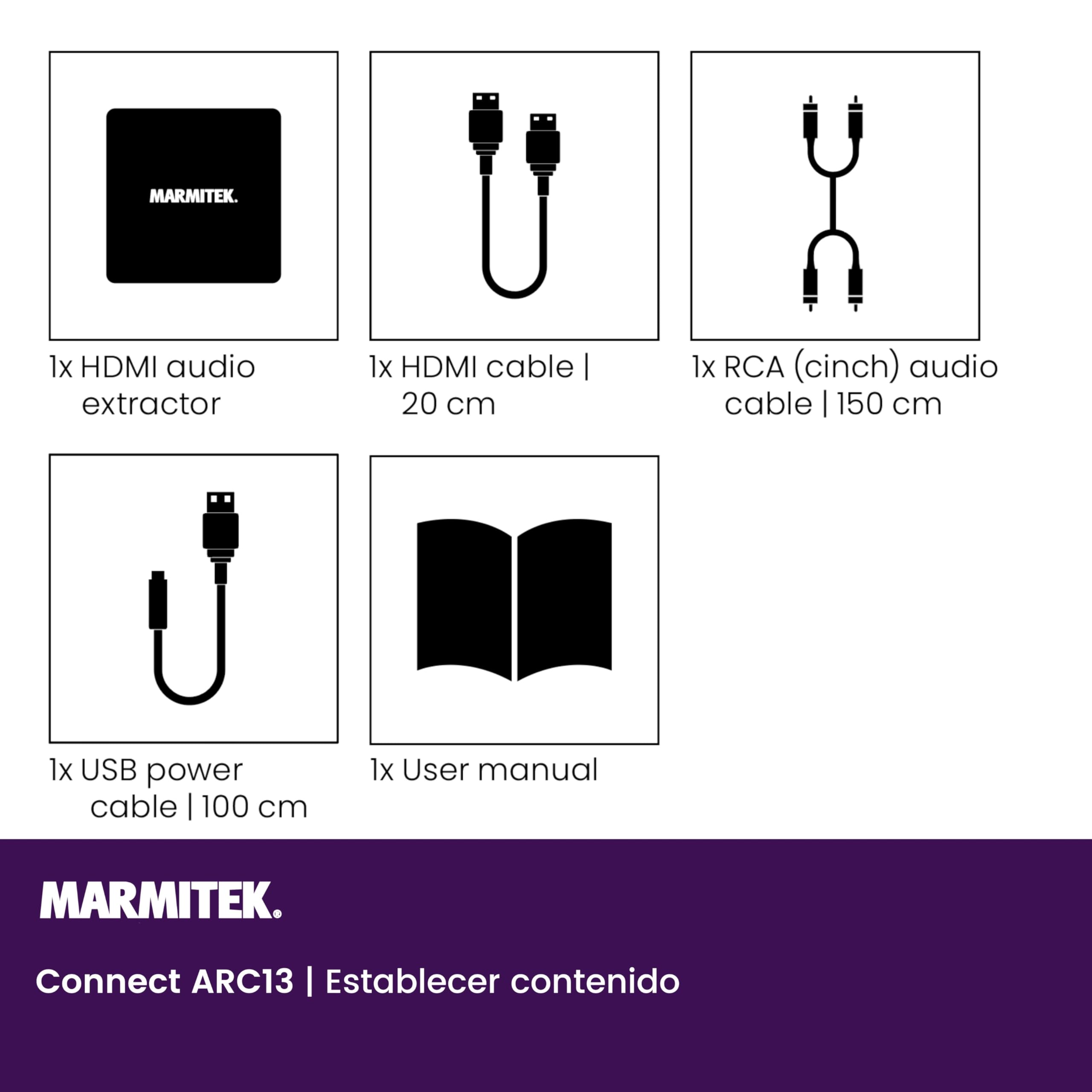 Marmitek Connect ARC13 - Extractor de audio HDMI ARC CEC para TV a RCA | Adaptador para amplificador, altavoces activos o auriculares, salida estéreo L/R, RCA, jack 3,5 mm y control de volumen CEC