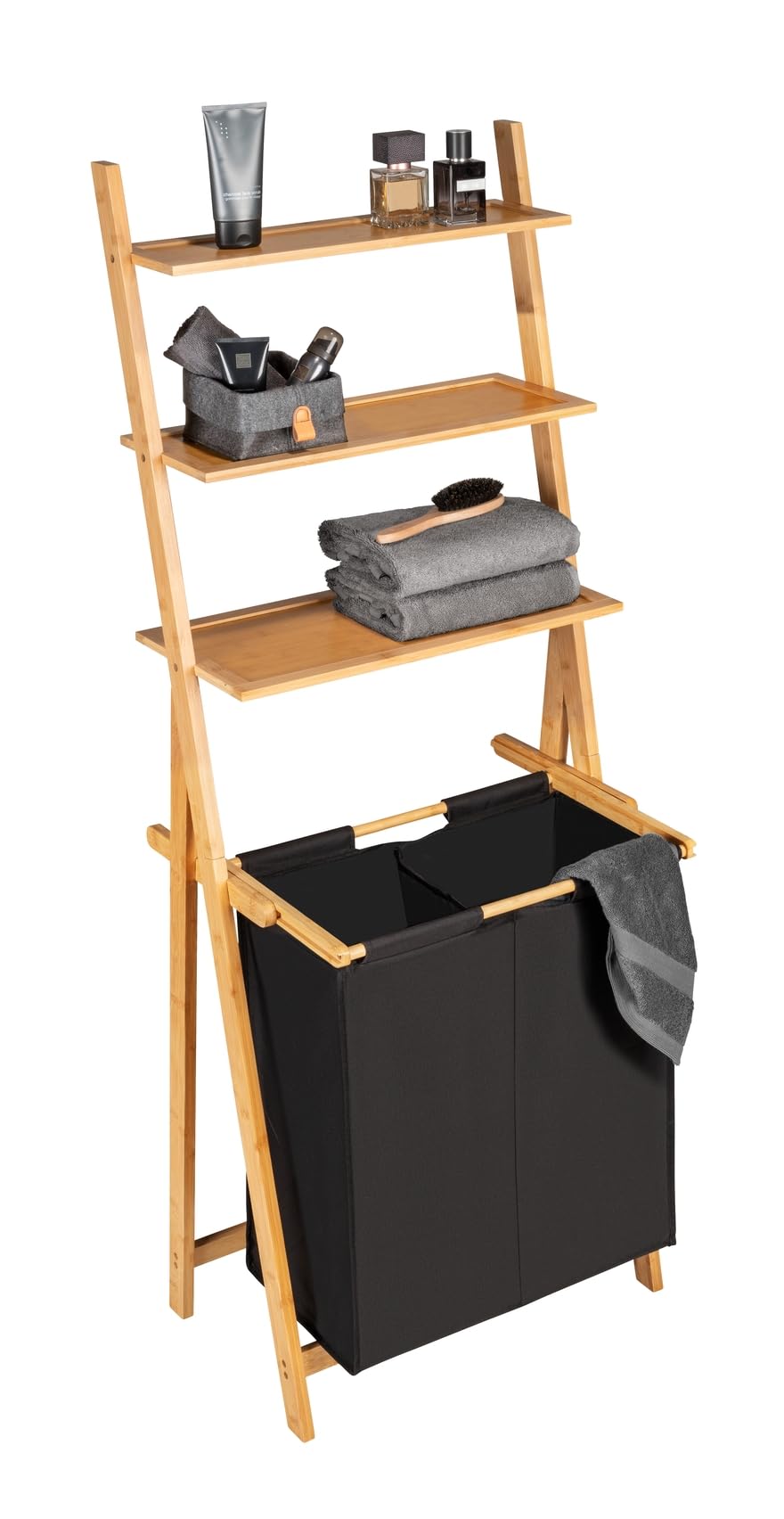 WENKO Leiterregal mit Wäschesammler Ecori, Leiter aus Bambus, Wäschekorb mit 2 Fächern (je ca. 33 L), Textil aus recyceltem Polyester, Schwarz