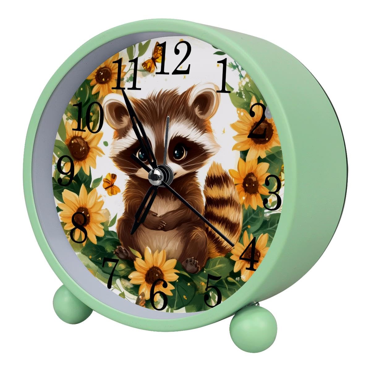 Luoweisi Alarm Clock Sunflower Raccoon, Silent Non-Ticking with Night Light, Round Metal Alarm Clock for Office, Battery Operated, Bedroom, Elderly, Adults, Children, Student Gifts