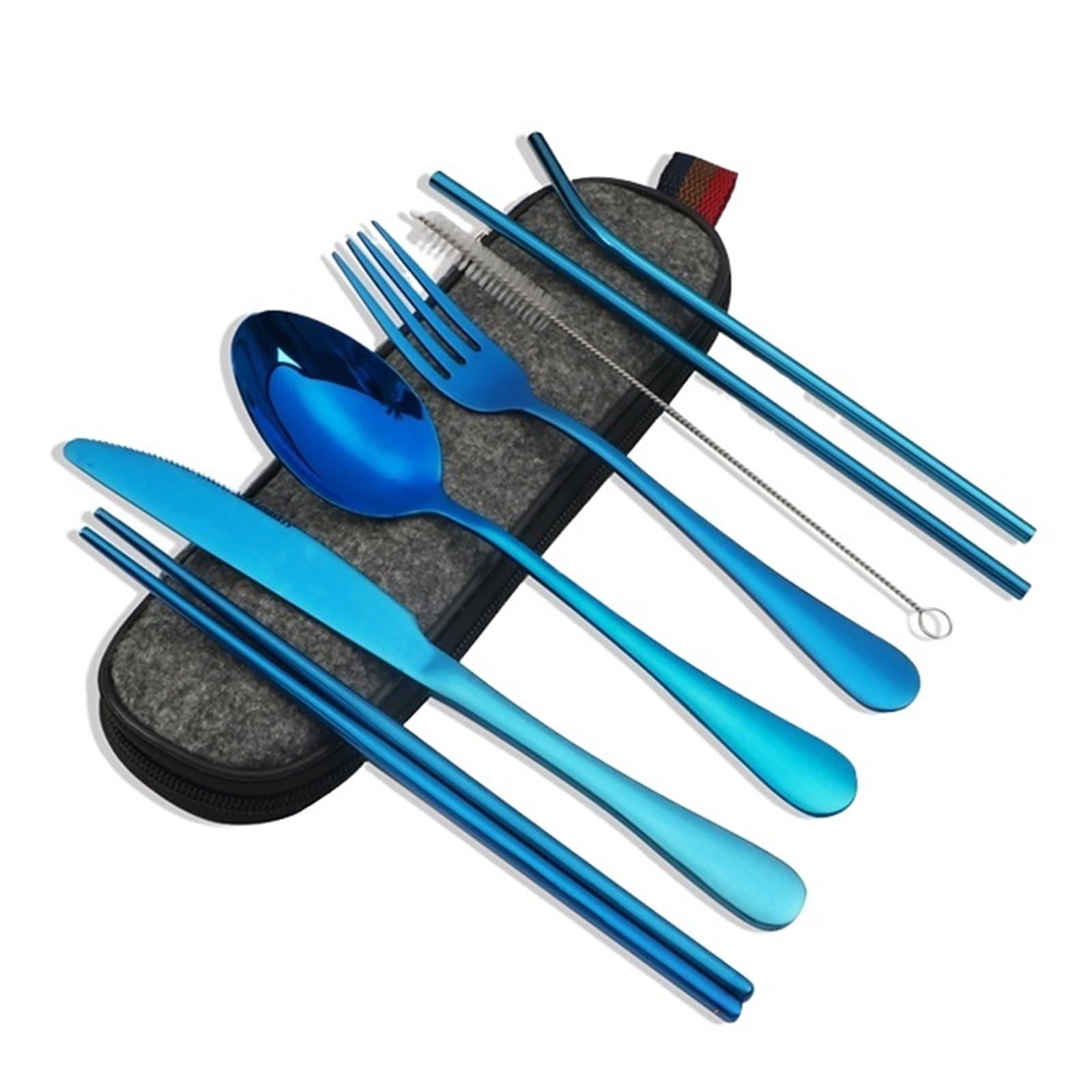 Juego de cubiertos de viaje reutilizables, 8 utensilios portátiles de acero inoxidable con cuchara, tenedor, palillos, pajitas y estuche para camping y viajes