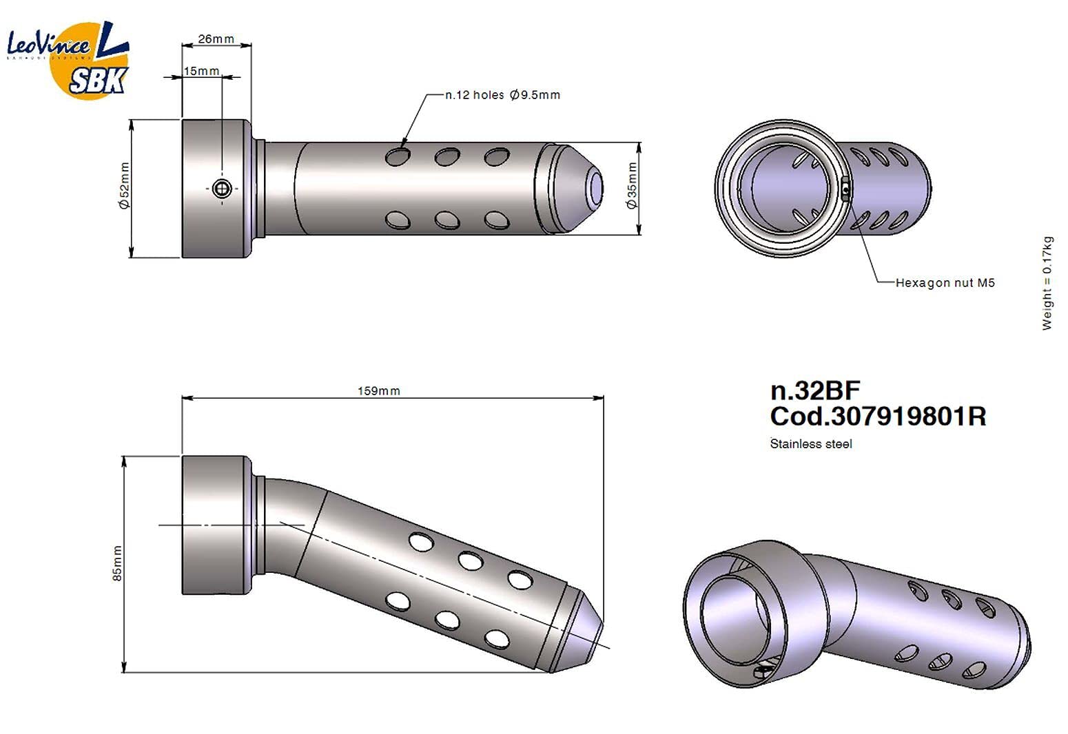 LeoVince SBK Db-Eater dB-Killer 32BF Longueur 159 mm Diamètre 52 mm/35 mm Acier inoxydable