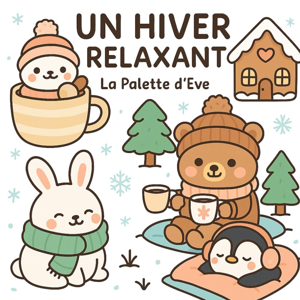 Un hiver relaxant – Livre de coloriage Kawaii pour adultes et enfants: Plonge dans un univers doux et réconfortant, rempli d’animaux Kawaii, de chocolat chaud et de magie hivernale