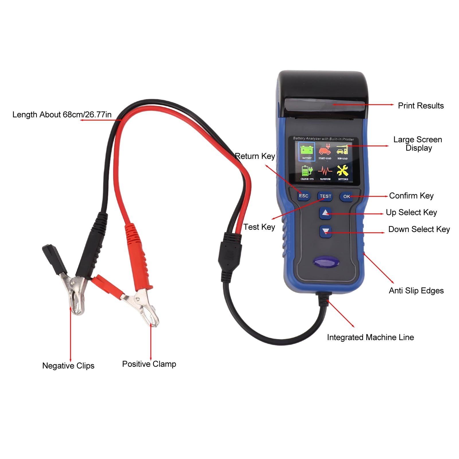 BRRNOO Tester Batteria per Auto 12V 24V con Stampante Integrata e Schermo LCD Analizzatore di capacità di Carico Multifunzionale per AGM EFB e Altro