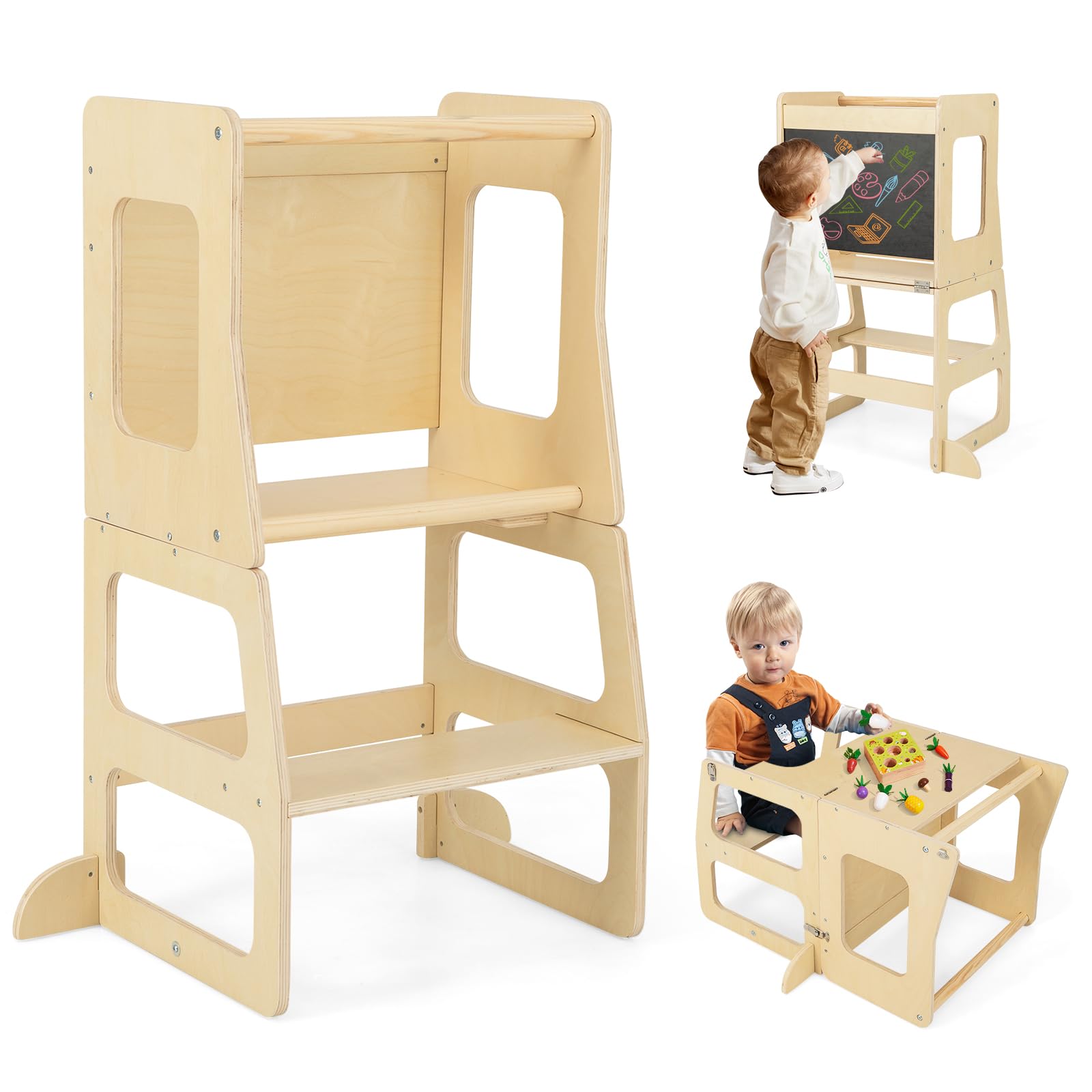 RELAX4LIFE 3 in 1 Torre Montessoriana per Bambini, Torre di Apprendimento Pieghevole, Learning Tower con Lavagna, Convertibile in Tavolo+Sedia per Bambini 3+ Anni