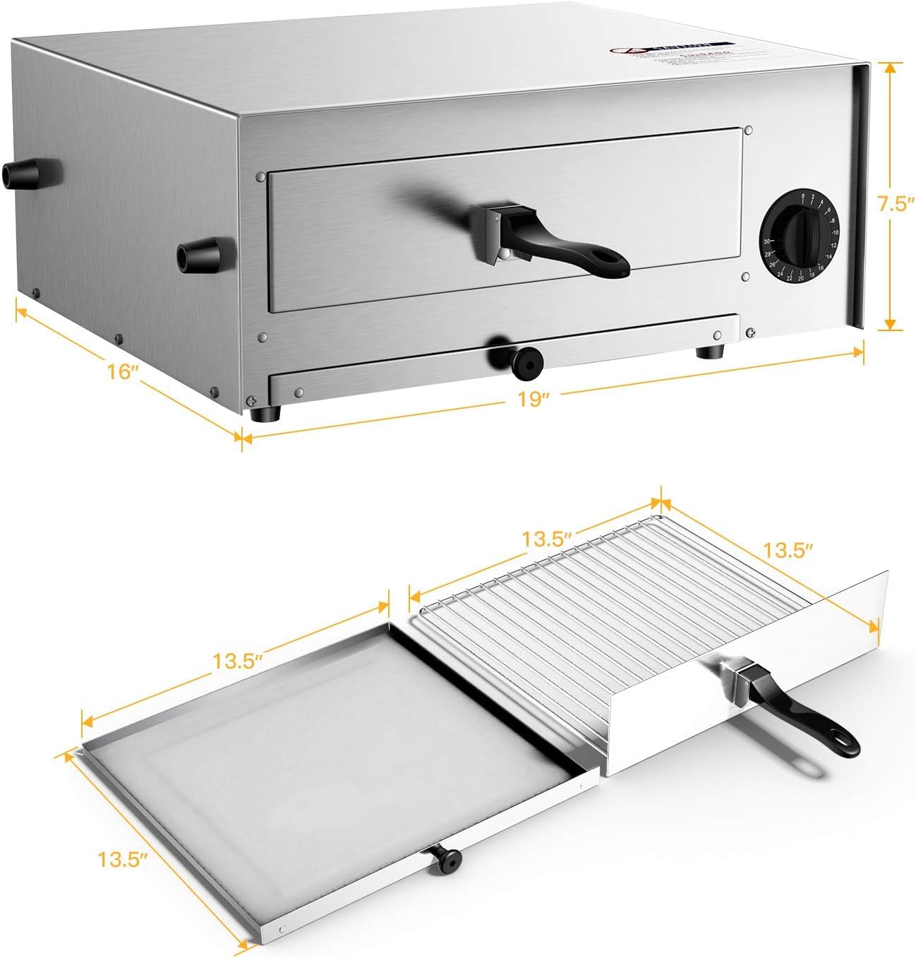 GOFLAME 1450W Electric Pizza Oven, 12 Inch Stainless Steel Pizza Oven Countertop with Insulated Handle & Removable Tray, Commercial Pizza Maker for Restaurant Home Party - Additional View