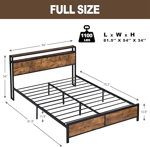 Miniatura 8 de Base de cama de plataforma de metal tamaño Queen con cabecero y estribo de madera con luces USB y LED, no necesita somier, gran almacenamiento