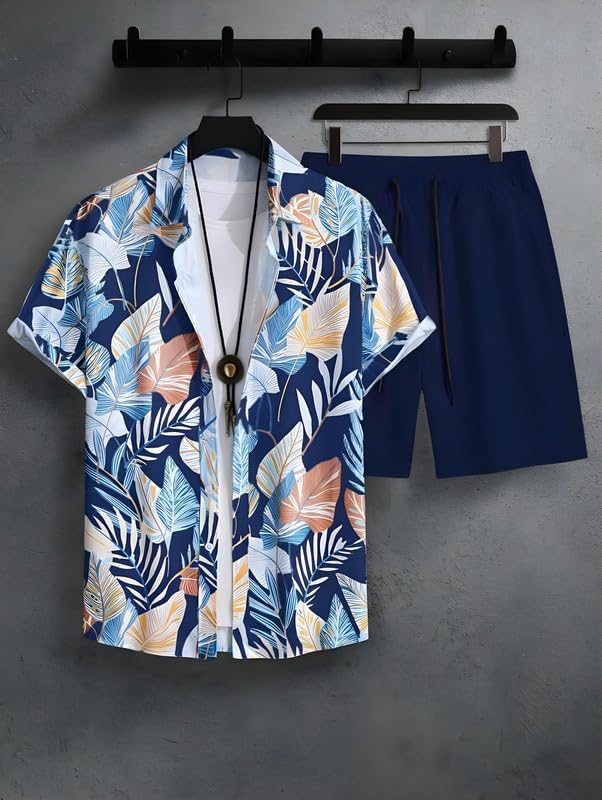 Image of Men's Printed Co-Ord Set | Plus Size Casual Shirt & Shorts Set | Nightwear Pajama Suit, Loungewear, Beachwear & Vacation Outfit Design No Shirt-Short Set10-Parent