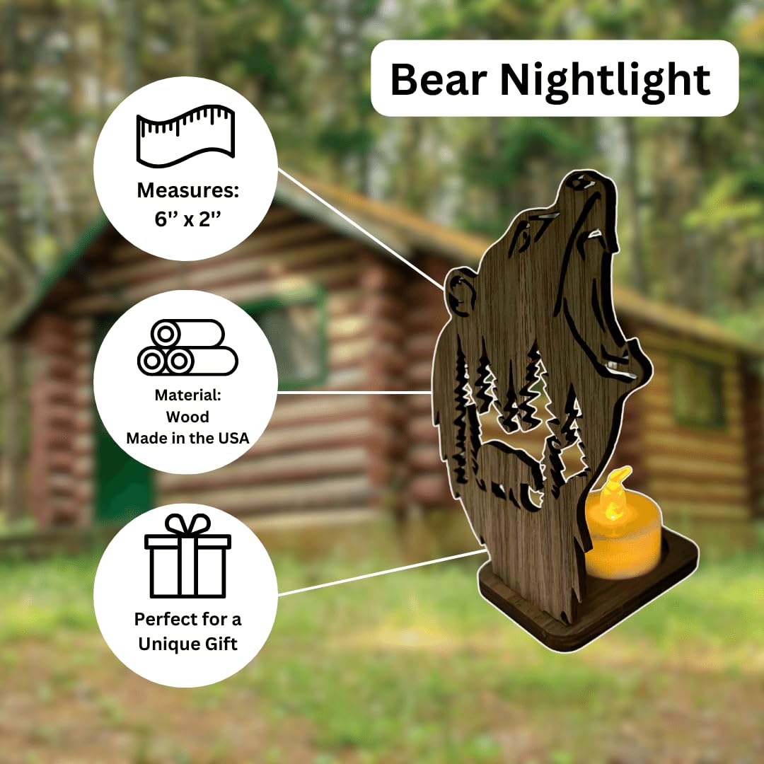 Bear Design Night Light | Tea Light Candle Holder with Electric Tea Light Included | Wooden Wildlife Design Perfect for Homes or Cabins | Made in USA