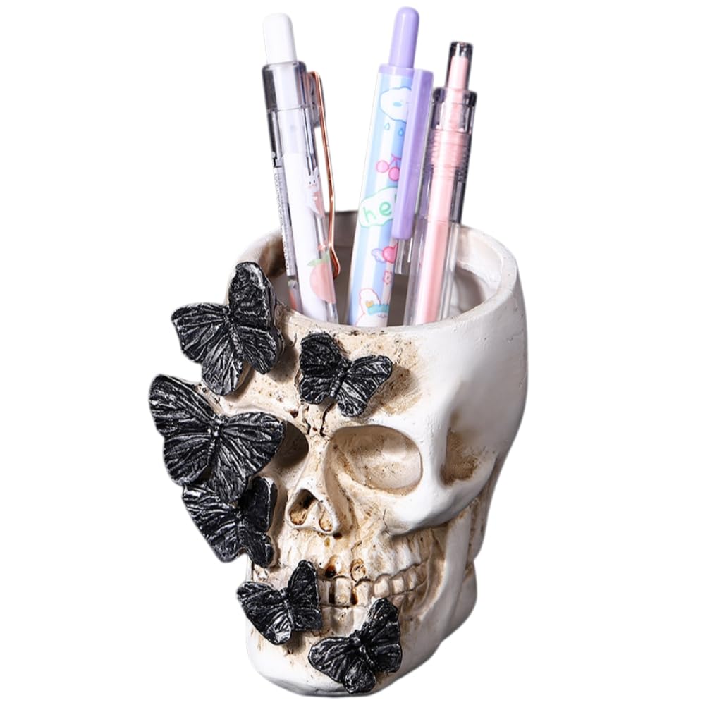 Pot à crayons crâne et papillon gothique pour une décoration de bureau Halloween unique