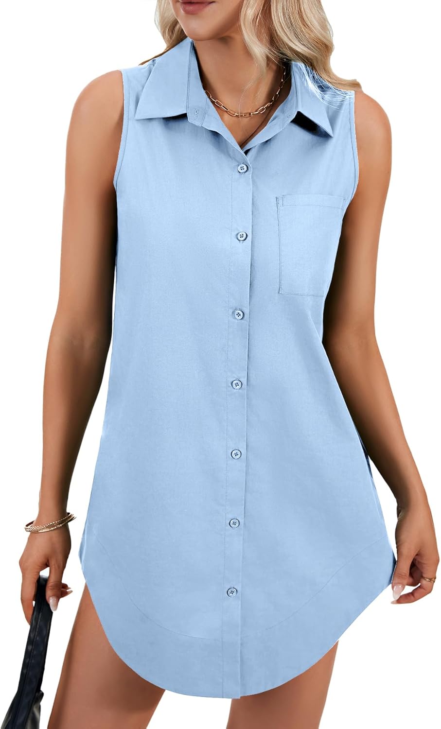 LYANER Women's Casual Shirt Dress Collar V Neck Sleeveless Button Down Loose Mini Dresses - Image 6