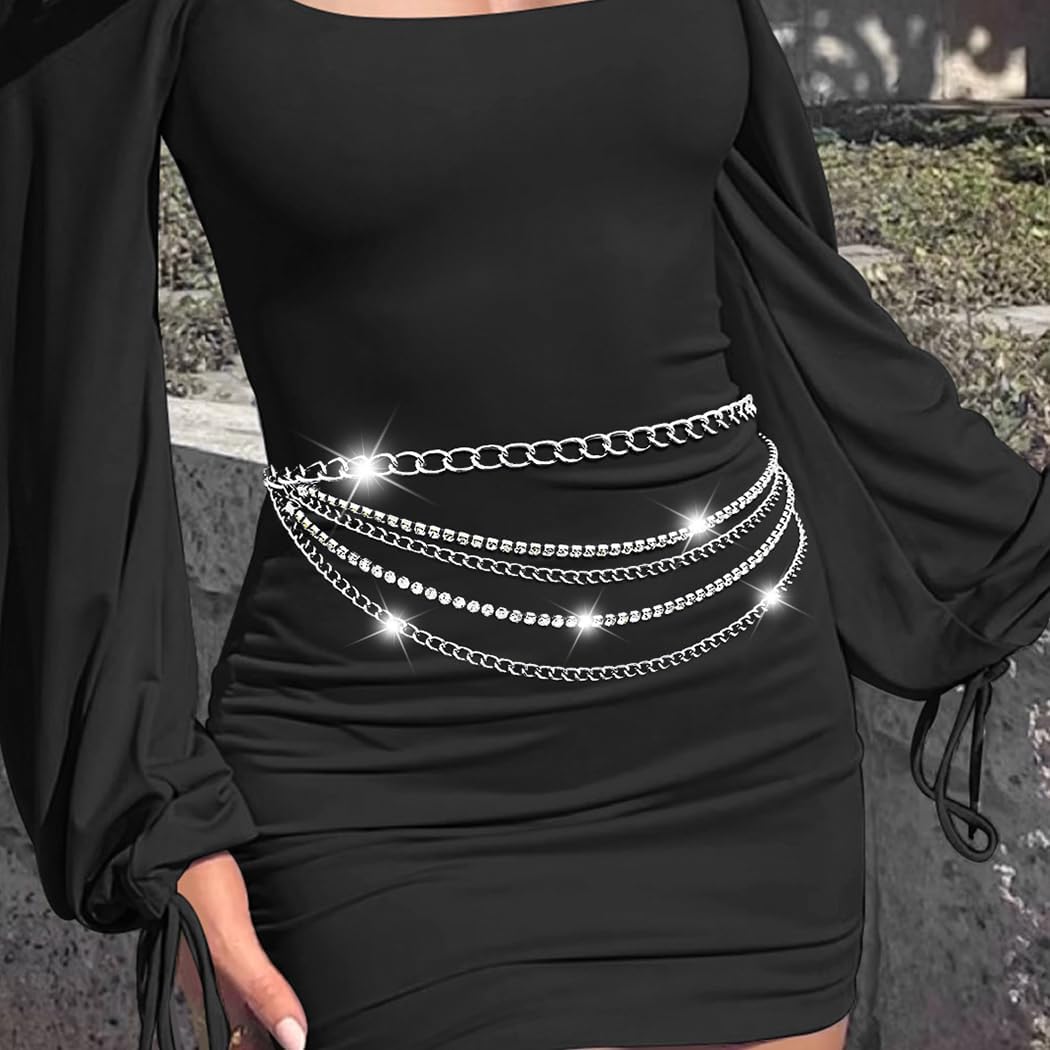 Abien Rhinestone Waist Chain Silver Layered Belly Chain Crystal Belly Body Chain Party Bikini Accessories for Women - Image 3
