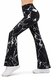 Imperative Women's High Waist Flare Yoga Pants, Black Marble Print Gym Tights with Pockets, Stretchy Bell Bottom Workout L Price In India