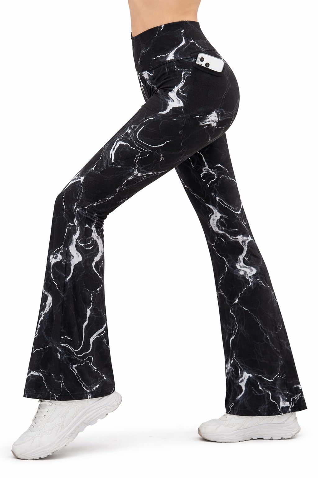 Bonkers Corner Women's High Waist Flare Yoga Pants, Black Marble Print Gym Tights with Pockets, Stretchy Bell Bottom Workout Leggings, Daily Use Flared Palazzo for Woman in black