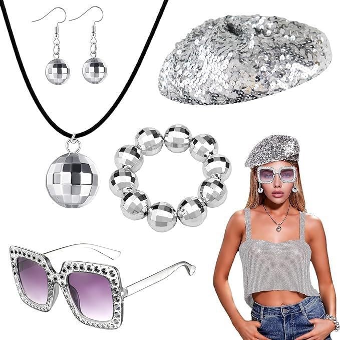 5Pcs 70s Sequin Hat Abba Disco Costume Set, Women Disco Accessories with Sequins Hat Sunglasses Earrings Neacklace Bracelet Disco Cosply Kits for Women Theme Party Birthday Dance (Silver)