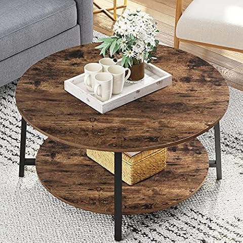 Snughome 35.4’’ Round Coffee Table, 2-Tier Industrial Design Furniture Sofa Table with Storage Open Shelf and Sturdy Metal Legs for Living Room, Wooden Surface Tabletop & Rounded Edges, Rustic Brown Cover