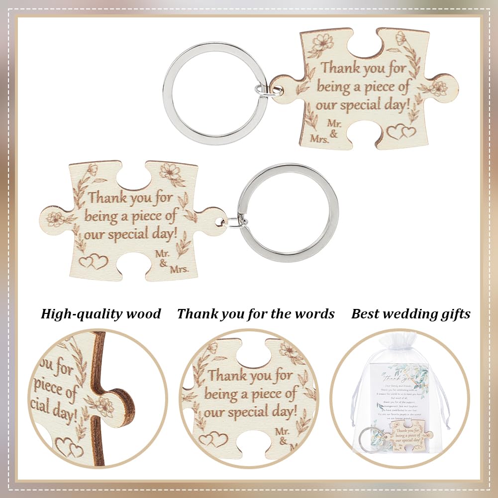 ORIGACH 100 Hochzeitsgeschenke für Gäste mit Holzpuzzle-Schlüsselanhänger, Dankeskarten, Geschenkbeutel, Organza-Beutel, Hochzeits-Souvenir für Party, Brautparty, Dankeschön-Geschenke
