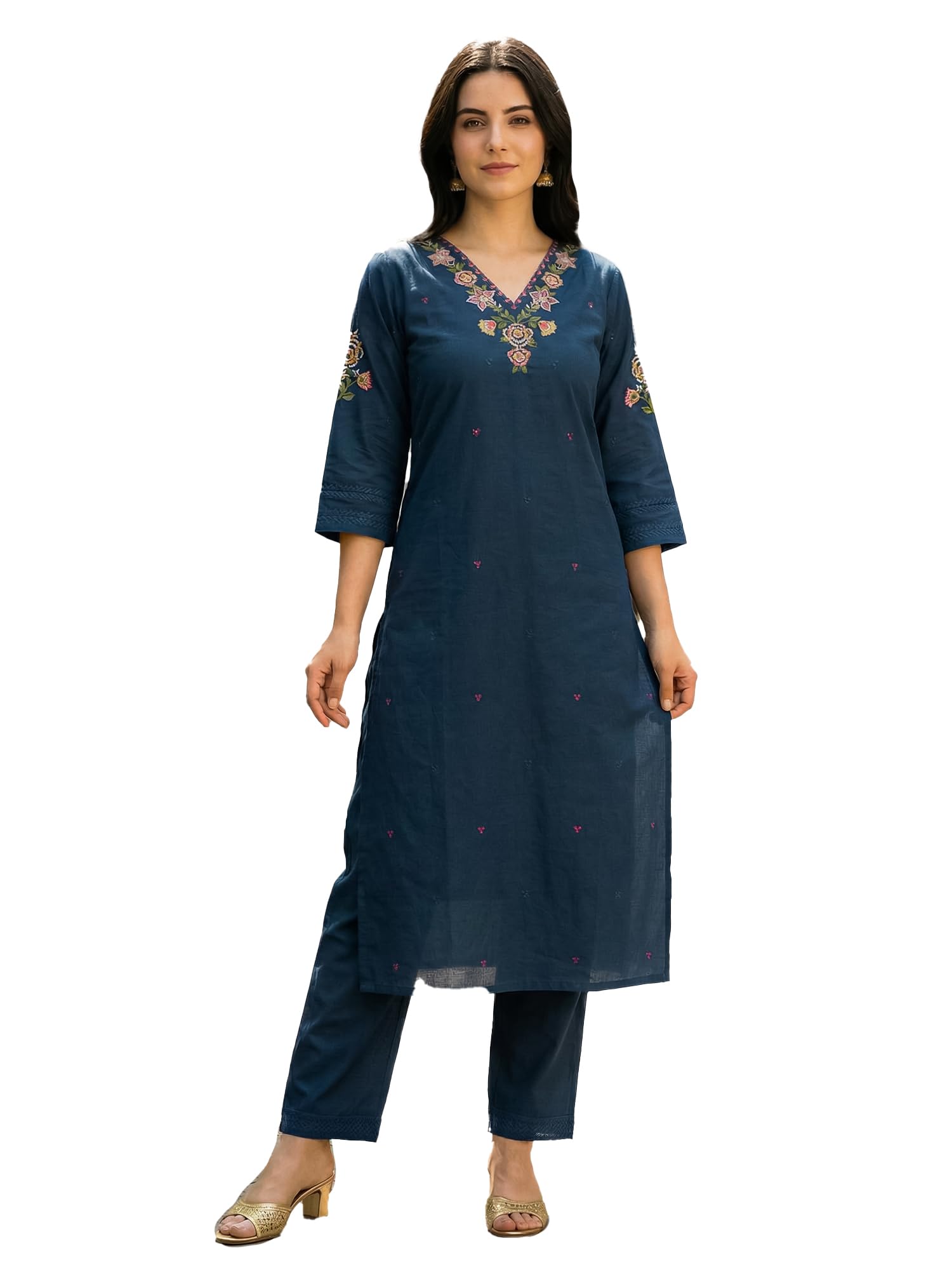 indo era Women's Pure Cotton Ethnic Motifs Embroidered Straight Kurta & Pant Set (IEAI11579)-picture-54