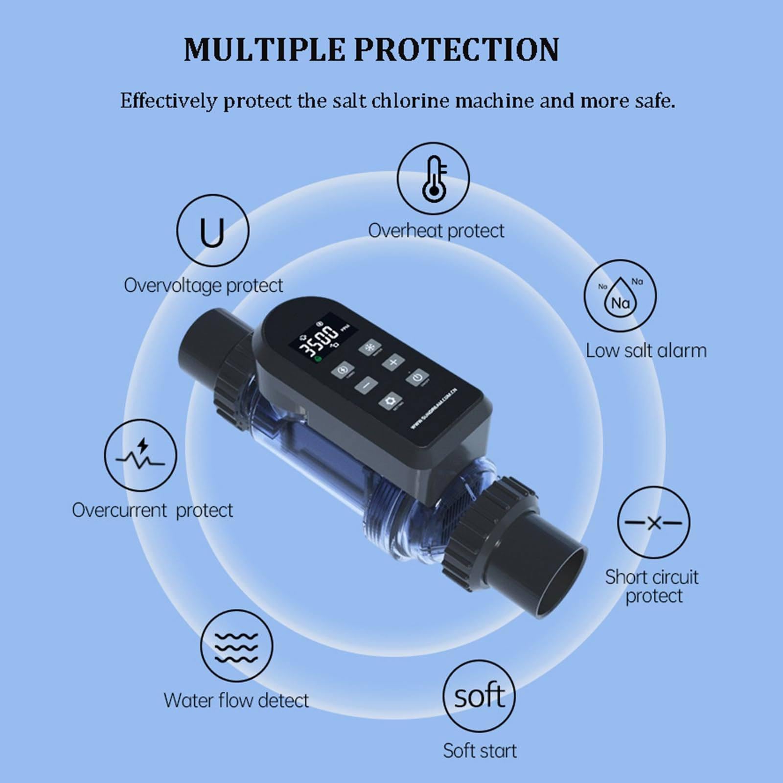 Generador De Cloro Salino, Sis-Tema De CloracióN Salina para Piscinas, Control Remoto por AplicacióN, Clorador De Agua Salada para Piscinas con Panel Digital Inteligente 50g/h
