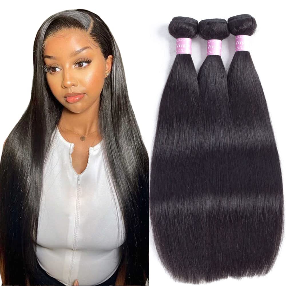 Abbily Hair 18 18 18 Straight Hair 3 Bundles 10A Brazilian Virgin Straight Hair 3 Bundles Human Hair 100% Unprocessed Straight Human Hair Bundles Natural Black Color (18/18/18 Inch, Straight Bundles)