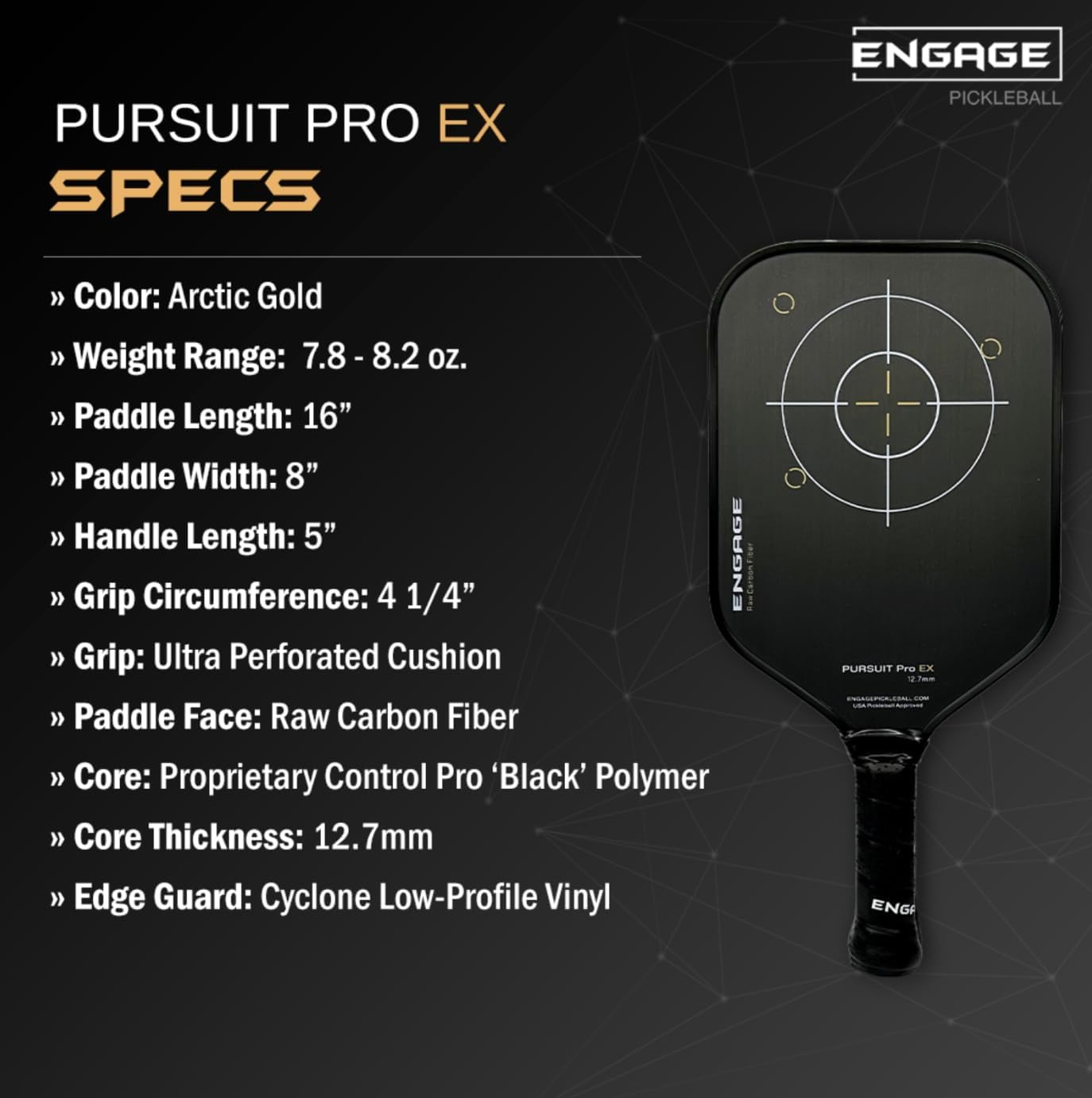 Engage Pursuit Pro | Raw Carbon Fiber Pickleball Paddle – Elongated Shape, Control Pro “Black” Core, Vortex Barrier Edge Technology Limits Vibration – Standard Weight
