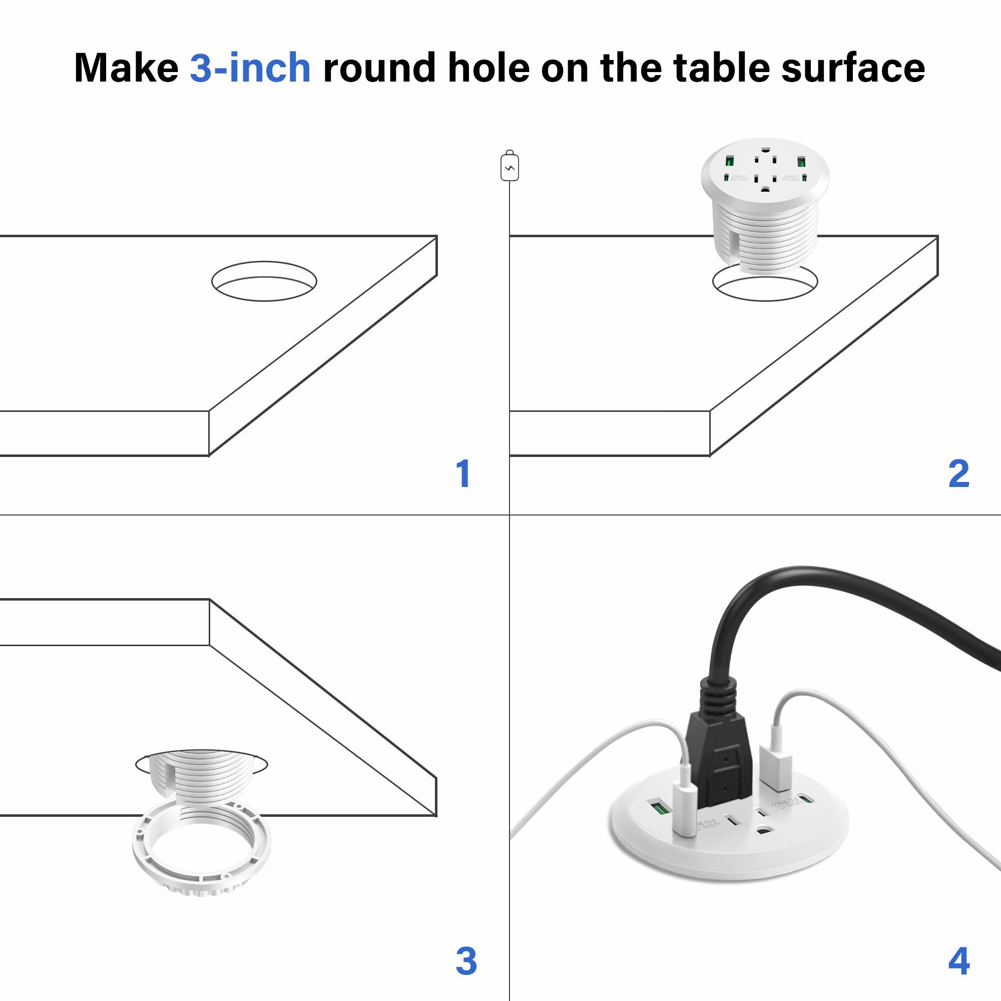 3 Pollice Computer Power Grommet USB C 40W Stazione di Ricarica Veloce Incasso Mobili Power Strip 2 Uscite 4 Porte USB Montaggio a Filo per