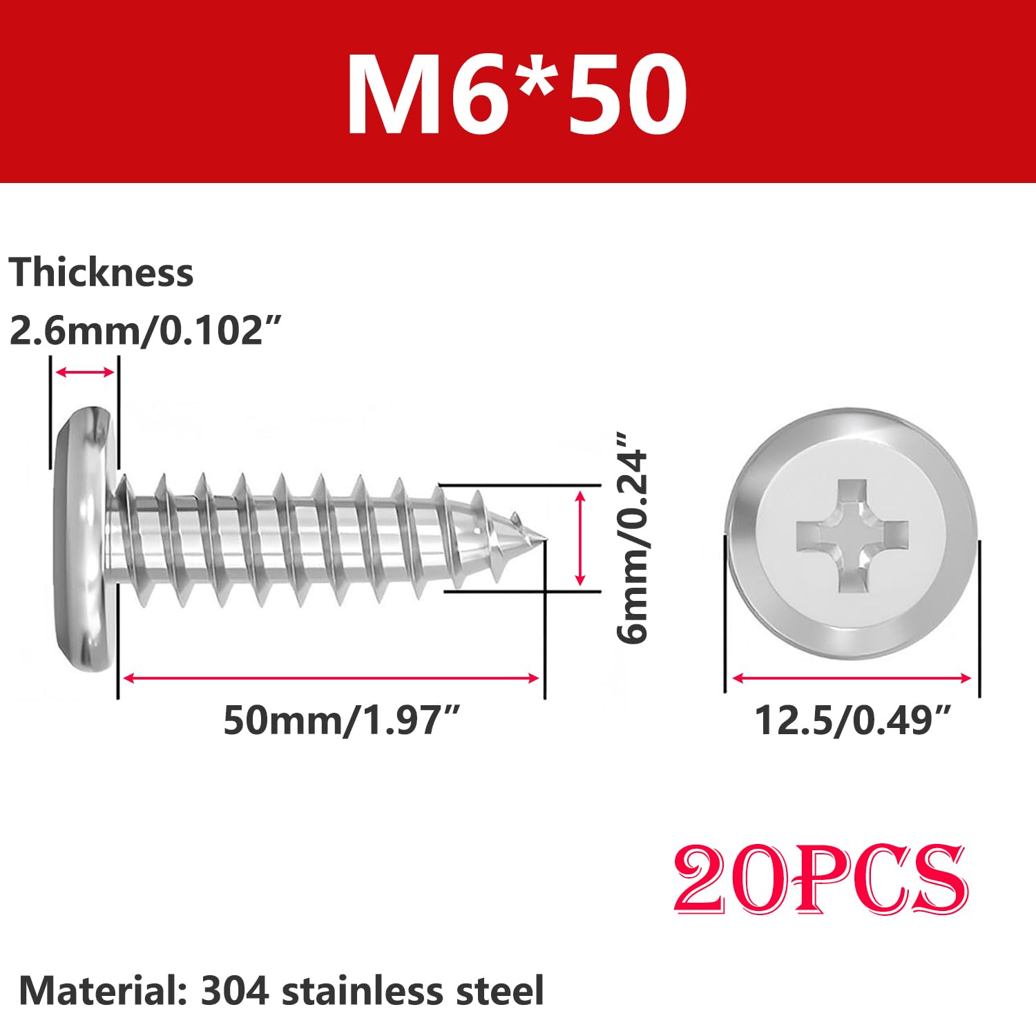 Qrity 20 PCS Self Tapping Screws, 304 Stainless Steel, M6 x 50mm Flat Head Phillips Fastener Screws, for Wood and Furniture Silver - Image 2