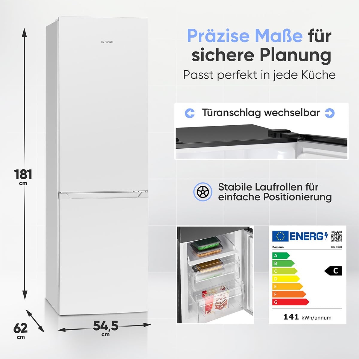 Bomann® Kühlschrank mit Gefrierfach | Energieklasse C | 181cm | NoFrost | 5 Jahre Kompressor-Garantie | Kühl Gefrierkombination No-Frost | Kühlgefrierkombination freistehend | KG 7370 weiß