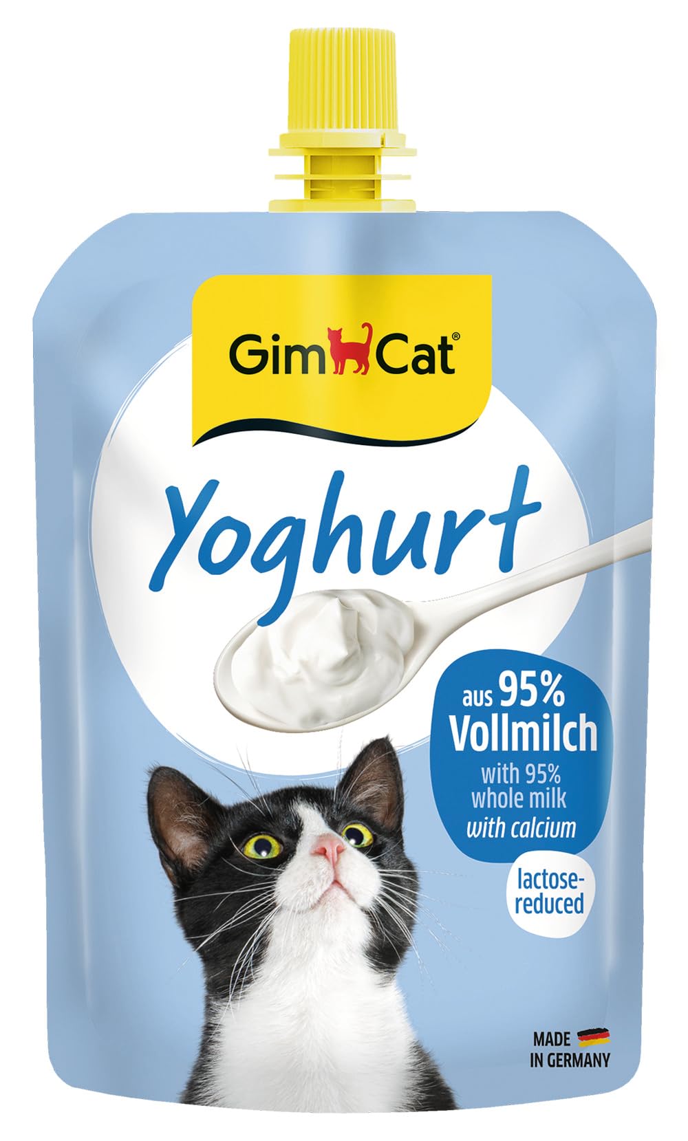 GimCat Yoghurt - Przysmak dla kotów o obniżonej zawartości laktozy, przygotowany z pełnego mleka z dodatkiem wapnia z myślą o zdrowiu kości - 1 worek (1 × 150 g)