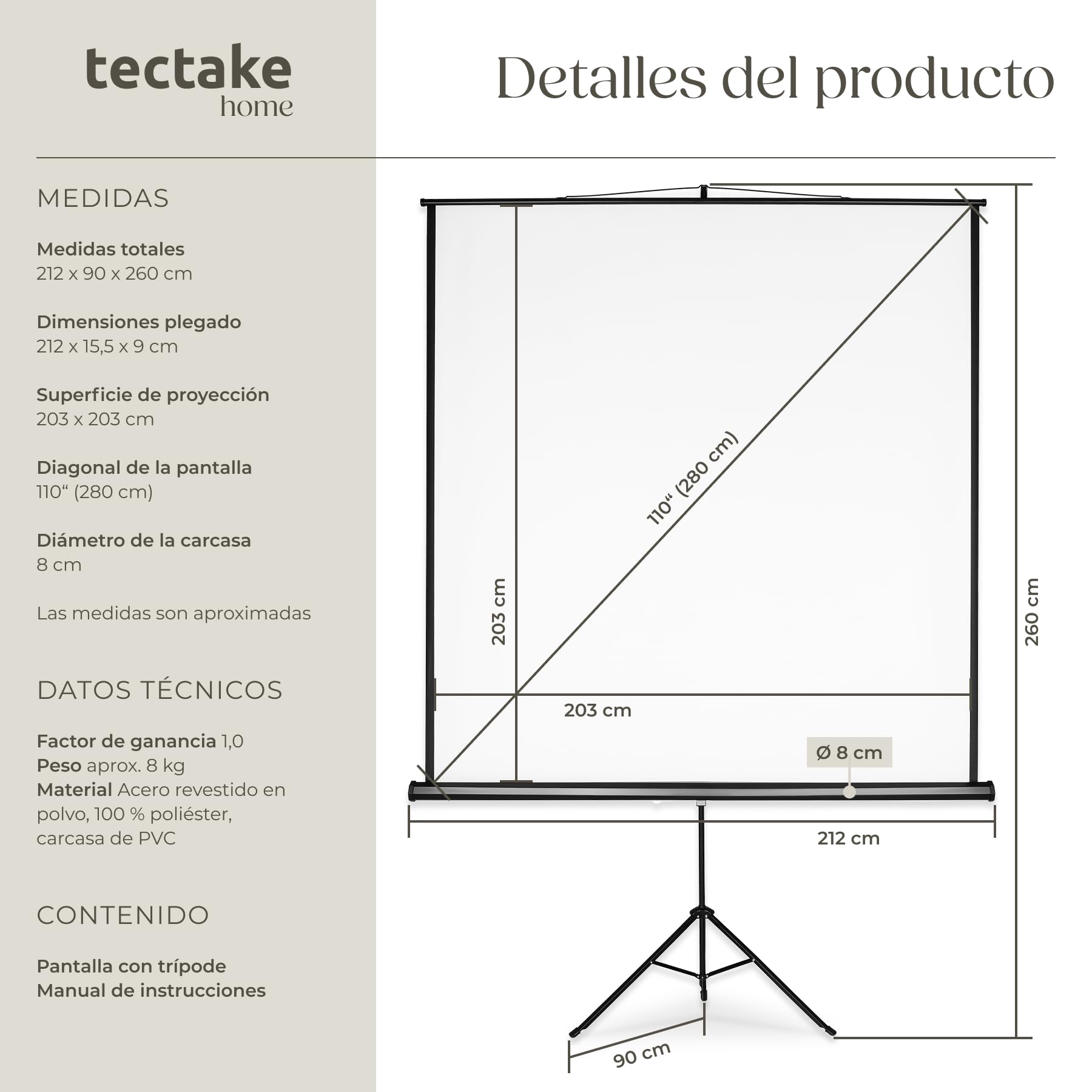 tectake® Pantalla Proyector Enrollable y Retráctil, Montaje en Pared y Techo, Formatos 1:1, 4:3y 16:9, Optimizado para HDTV y 3D, Factor de Ganancia 1,0, Tela Projector - 212 x 90 x 260 cm