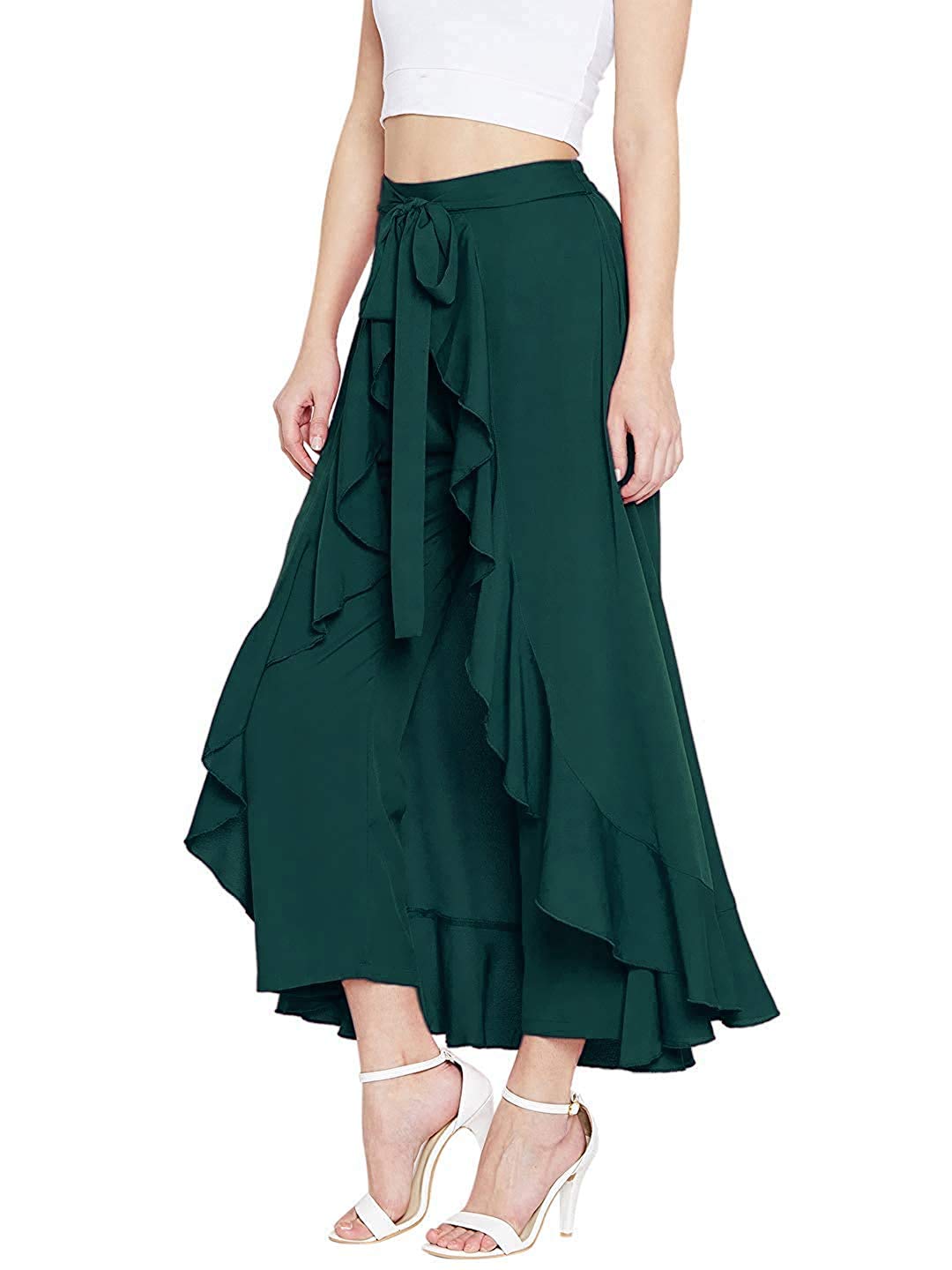 Tivicay Women High Rise Solid Crepe Ruffle Flared Palazzo Overlay Pant Skirts (D-M-20101) (Green)